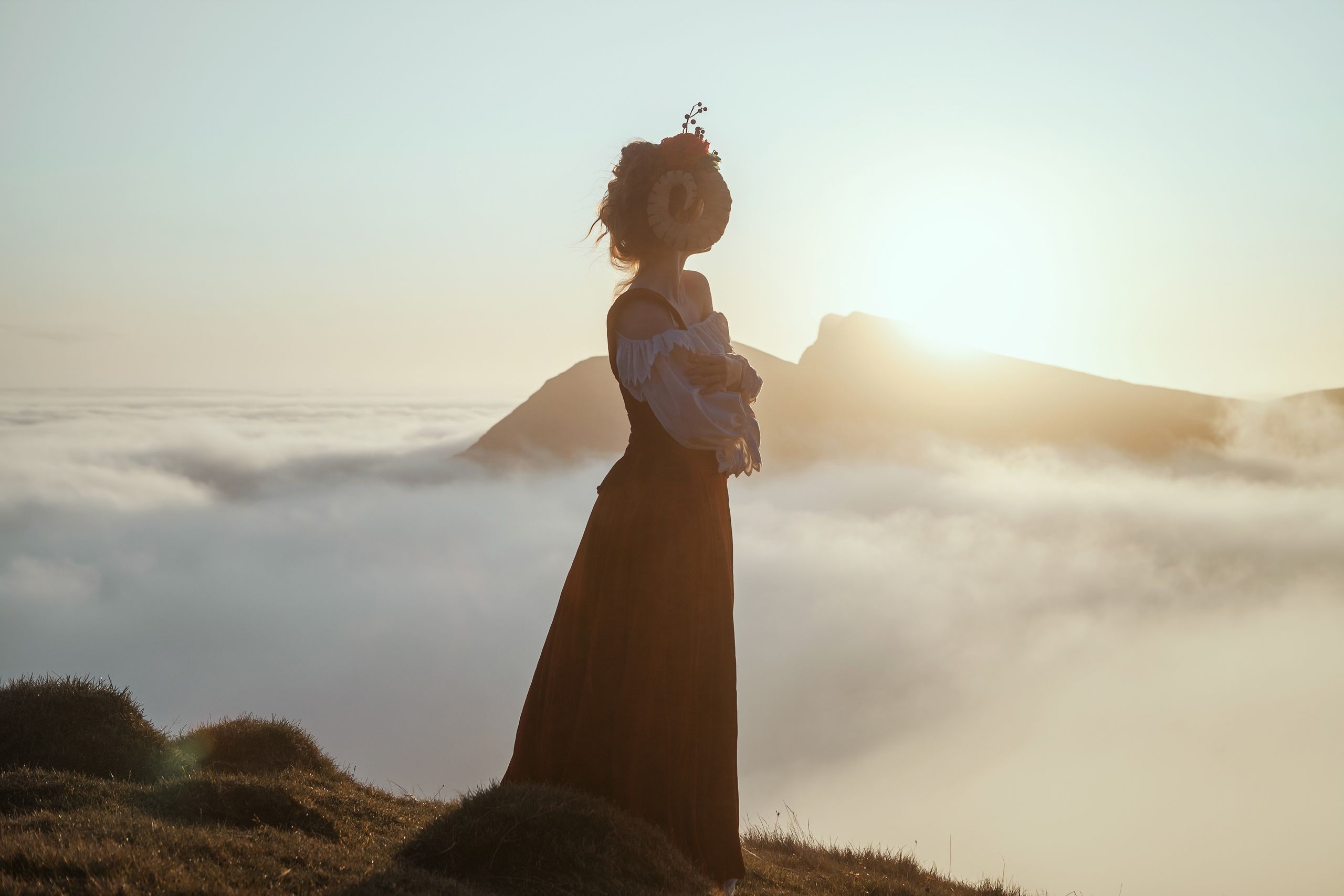 sky, clouds, horns, model, woman, sunset, fairy, fairytale, fantasy, fantastic, creative, sheep, shepherd, Катерина Клио