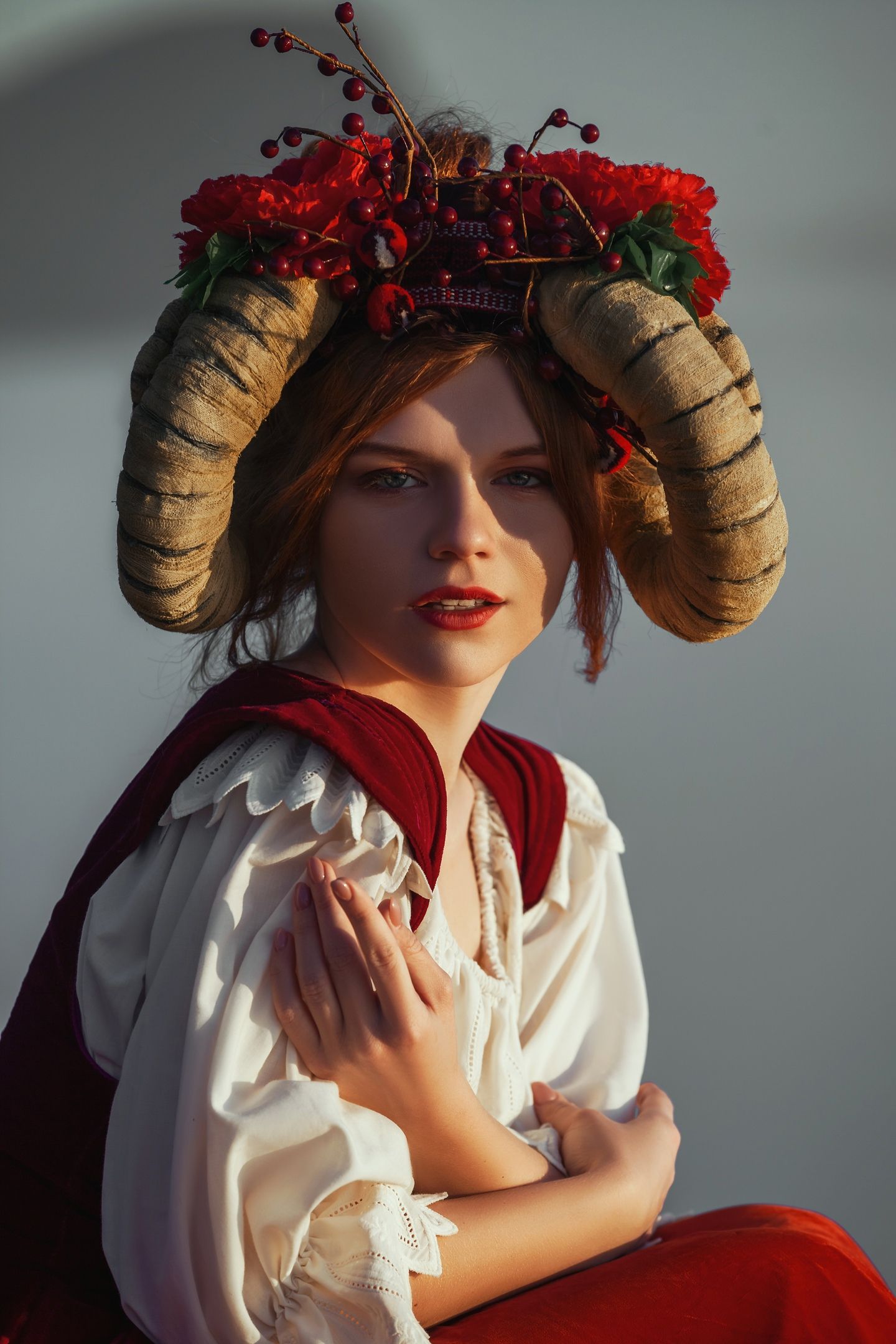 sky, clouds, horns, model, woman, sunset, fairy, fairytale, fantasy, fantastic, creative, sheep, shepherd, Катерина Клио