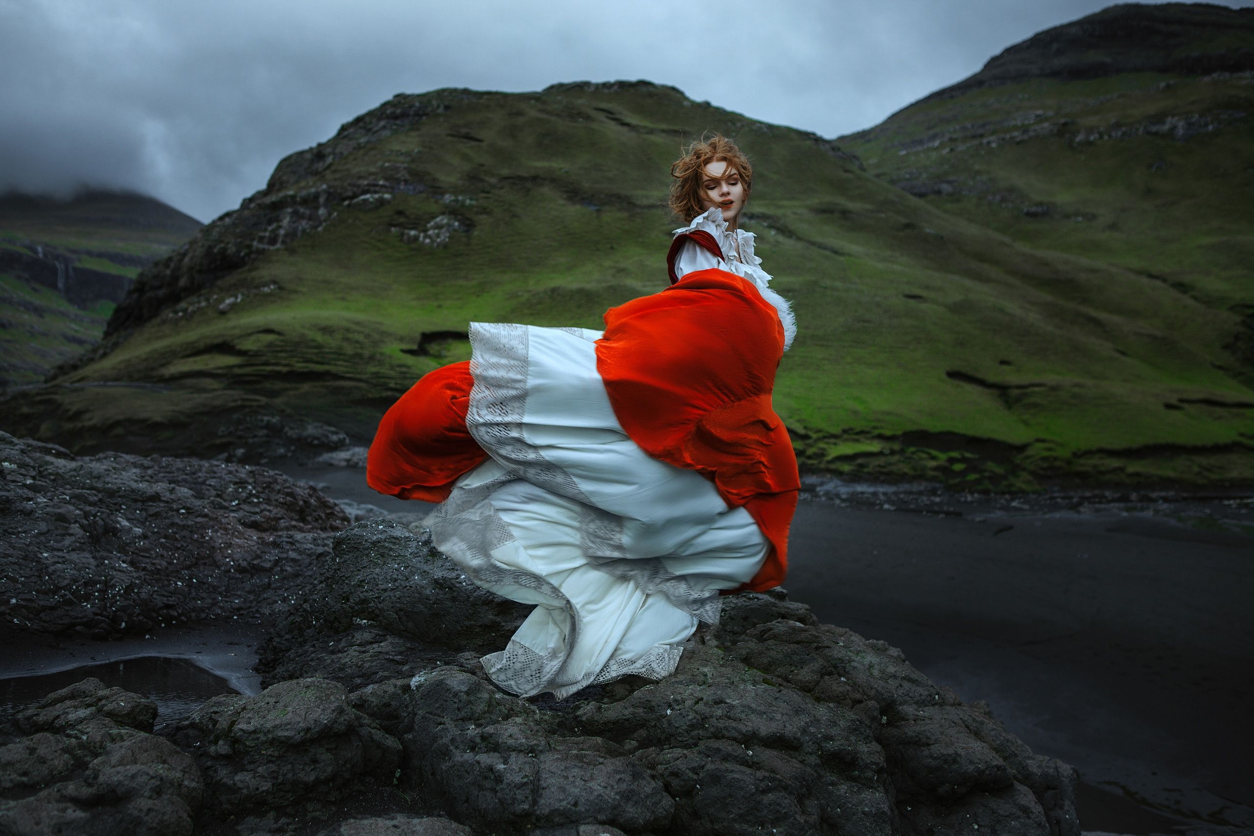 ocean, faroe, model, wind, dress, woman, girl, beauty, motion, rocks, wild, , Катерина Клио