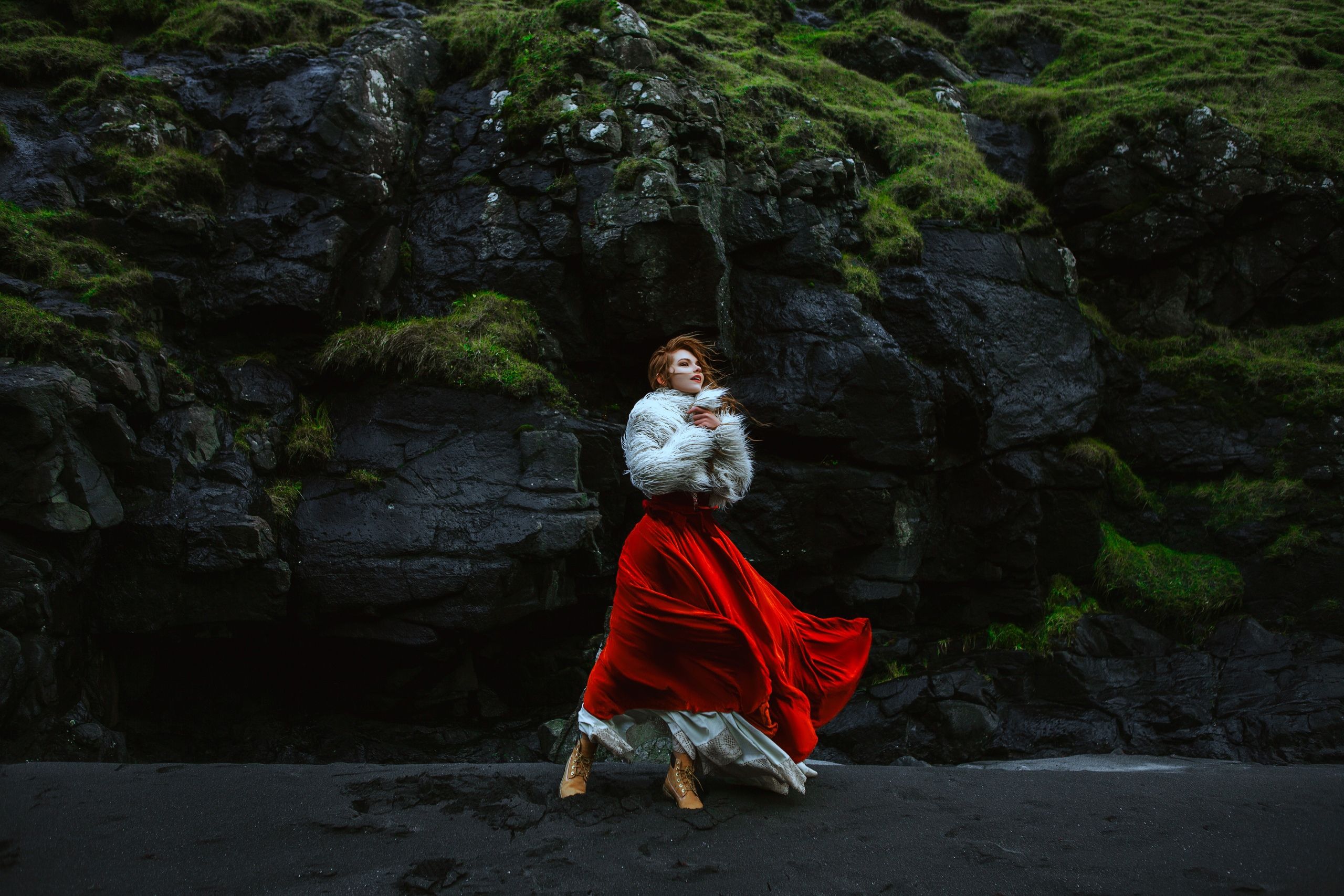 ocean, faroe, model, wind, dress, woman, girl, beauty, motion, rocks, wild, , Катерина Клио