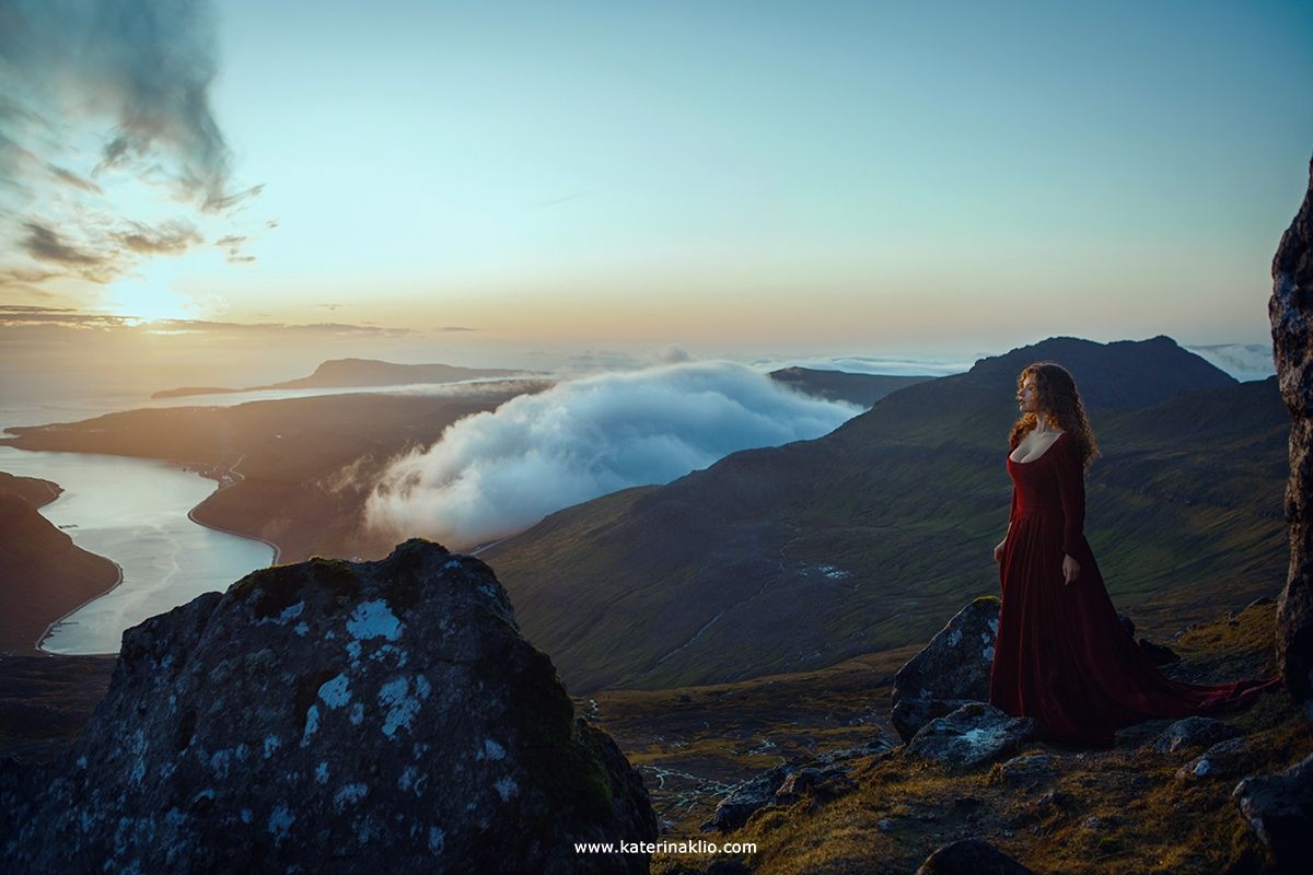 woman, portrait, faroe islands, mountains, clouds, red, dress, travel, model, sky, hight, morning, sunrise, Катерина Клио