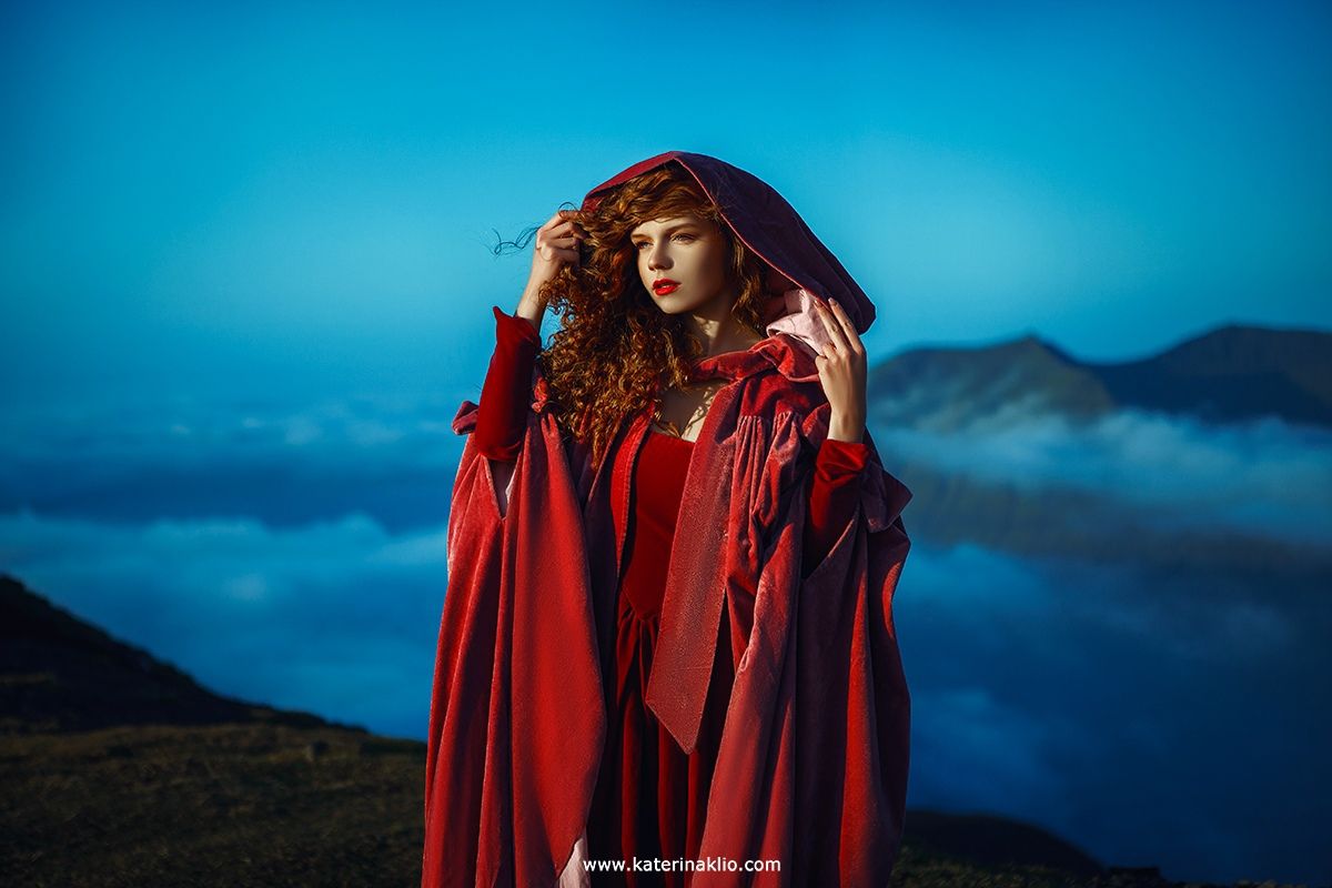 woman, portrait, faroe islands, mountains, clouds, red, dress, travel, model, sky, hight, morning, sunrise, Катерина Клио