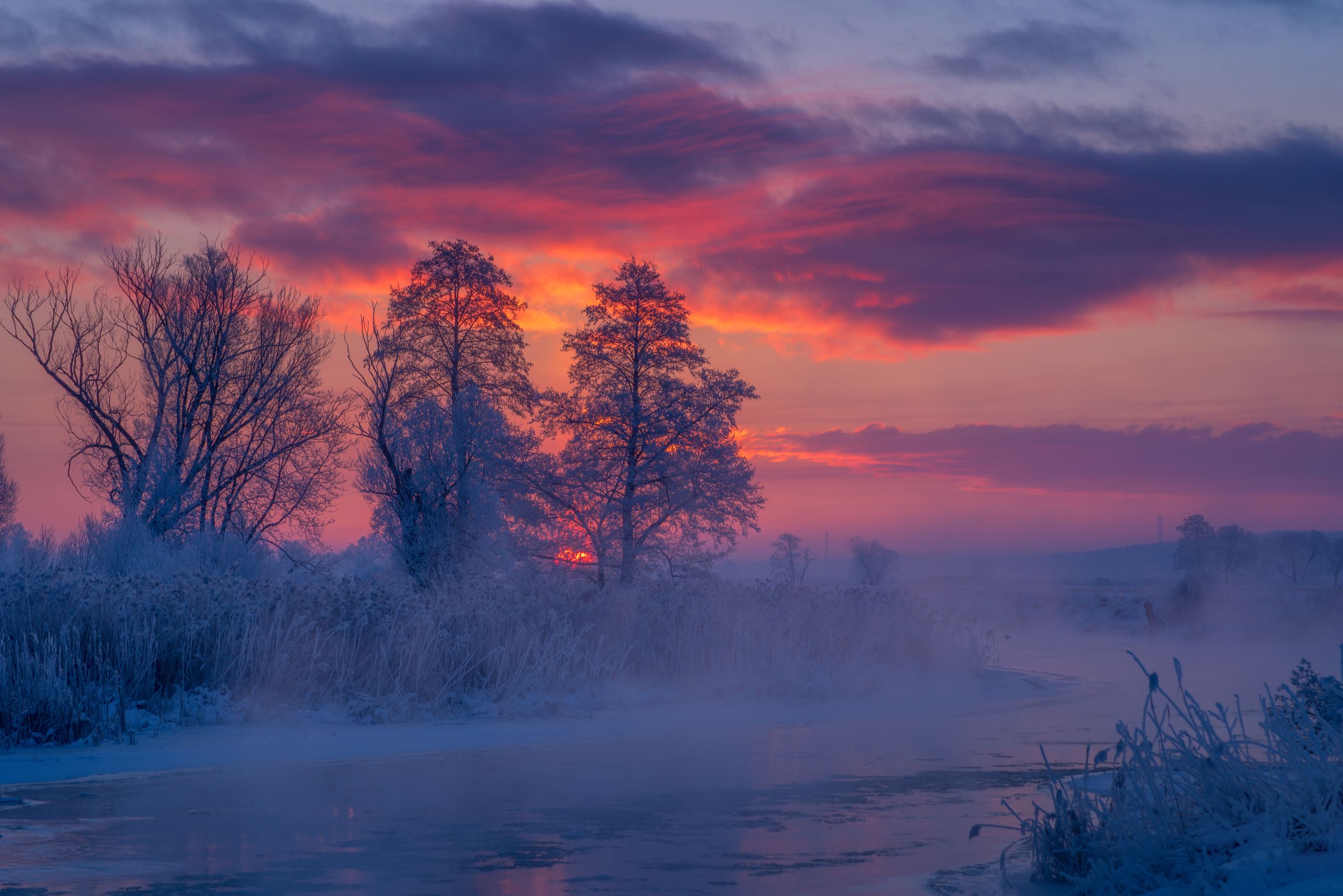 winter river Gwda sunrise fog light sun snow frost water clouds sky landscape nature dawn trees nikon atmosphere, Krzysztof Tollas