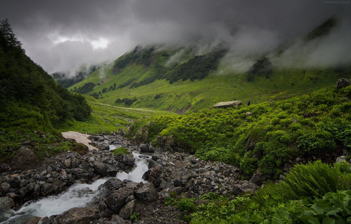 Abkhazia, Caucasus, Clouds, Georgia, Mountains, River, Абхазия, Авадхара, Горы, Грузия, Кавказ, Пасмурно, Река, Сергей Малинин