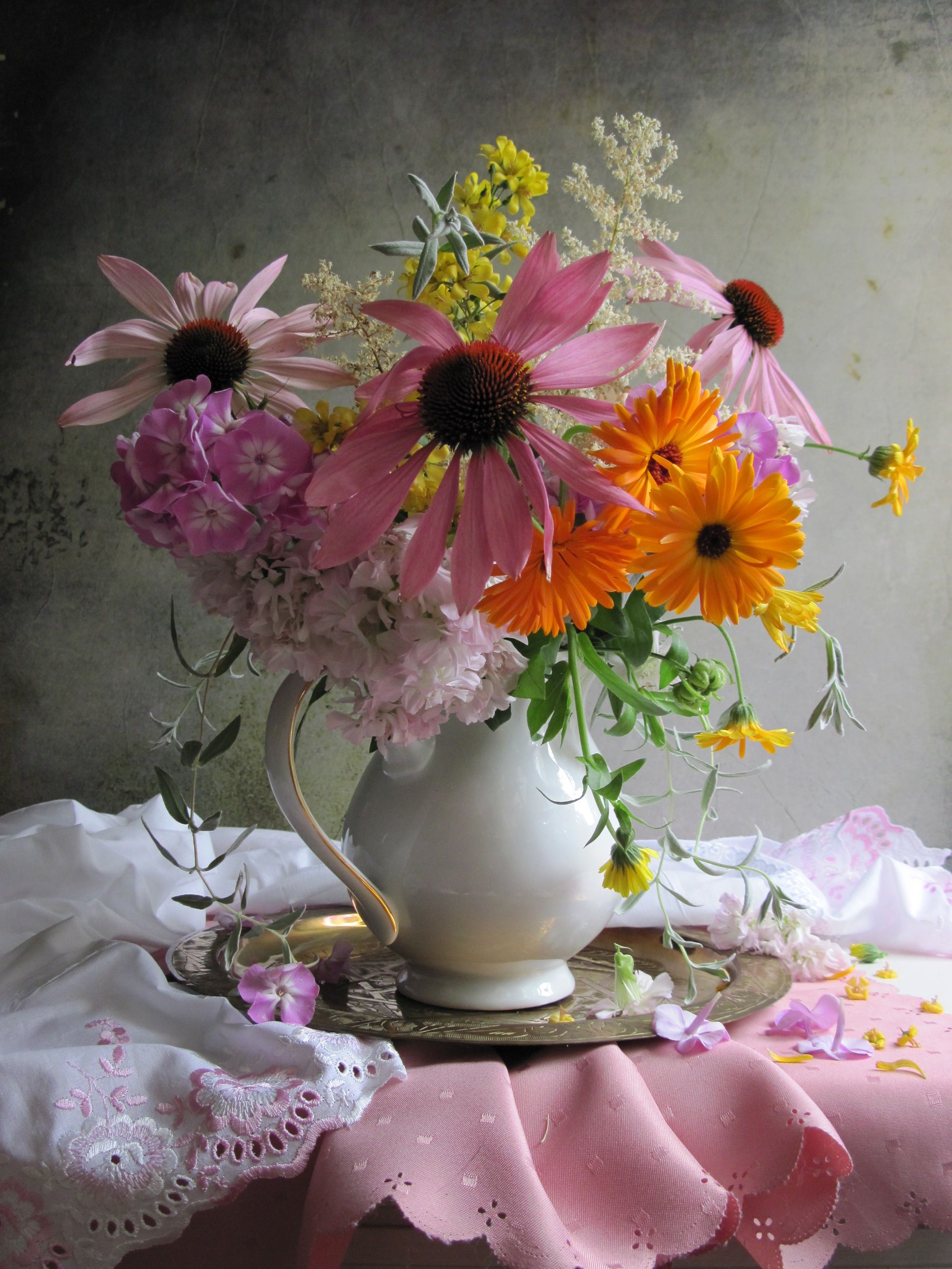 цветы, букет, эхинацея, календула, флоксы, мыльнянка, Наталия Тихомирова