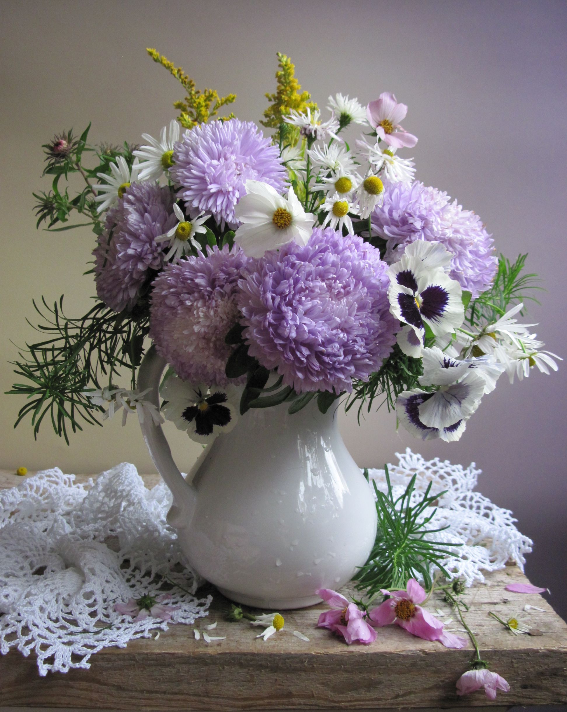 цветы, букет, астры, хризантемы, космея, анютины глазки , Наталия Тихомирова