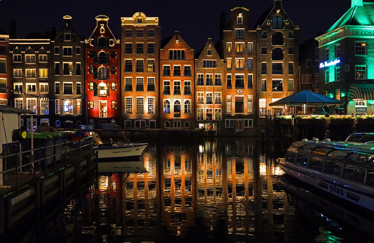 амстердам, нидерланды, ночной город, ночь, архитектура, отражения, Вера