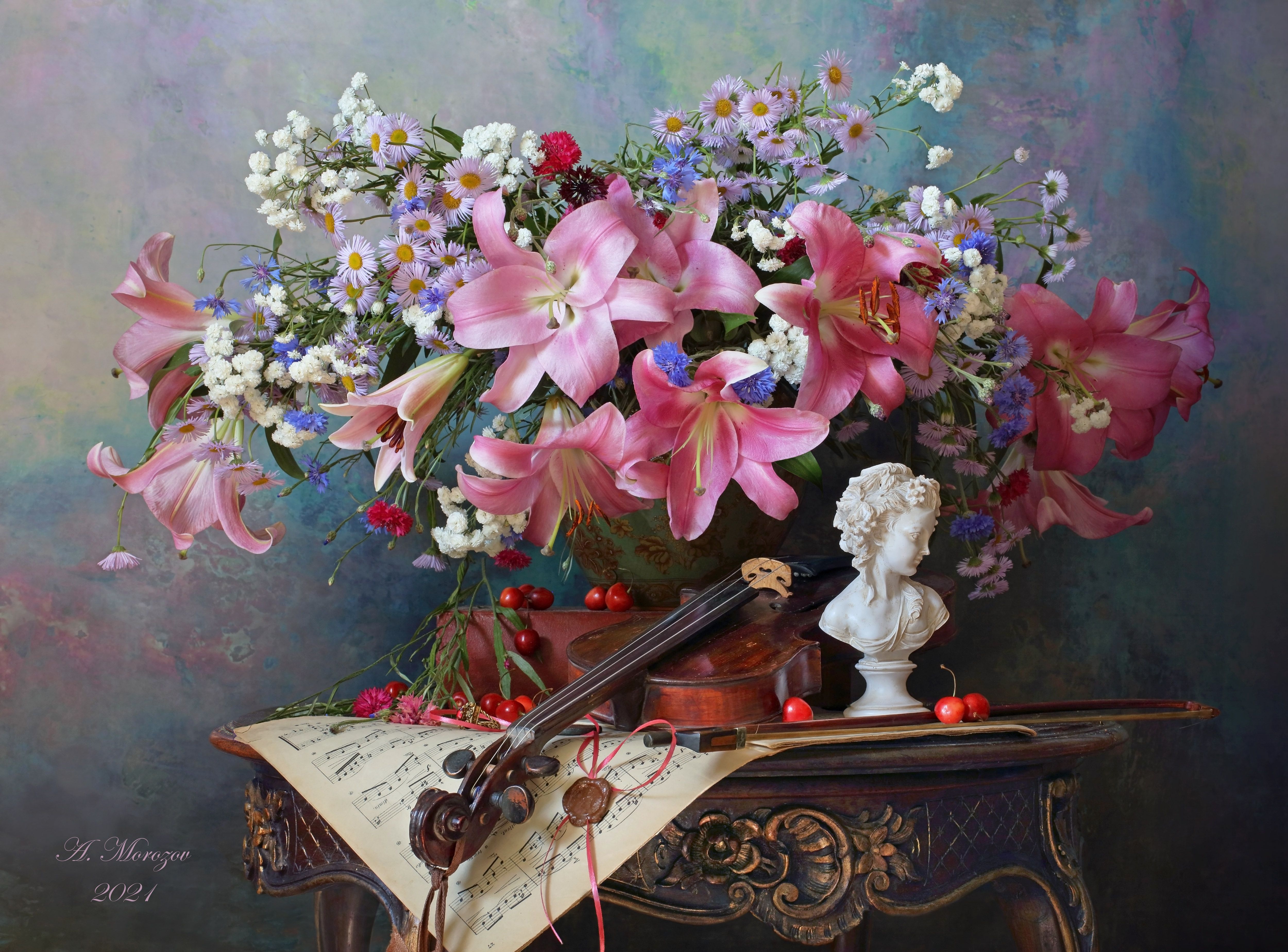 цветы, скрипка, музыка, скульптура, девушка, бюст, лилии, ягоды, Андрей Морозов
