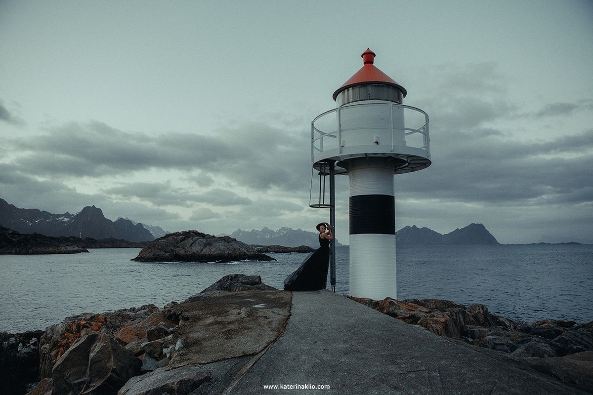 Lonely, night, loneliness, Norway, lighthouse, light, sea, ocean, breeze, mountains, Lofoten, Катерина Клио