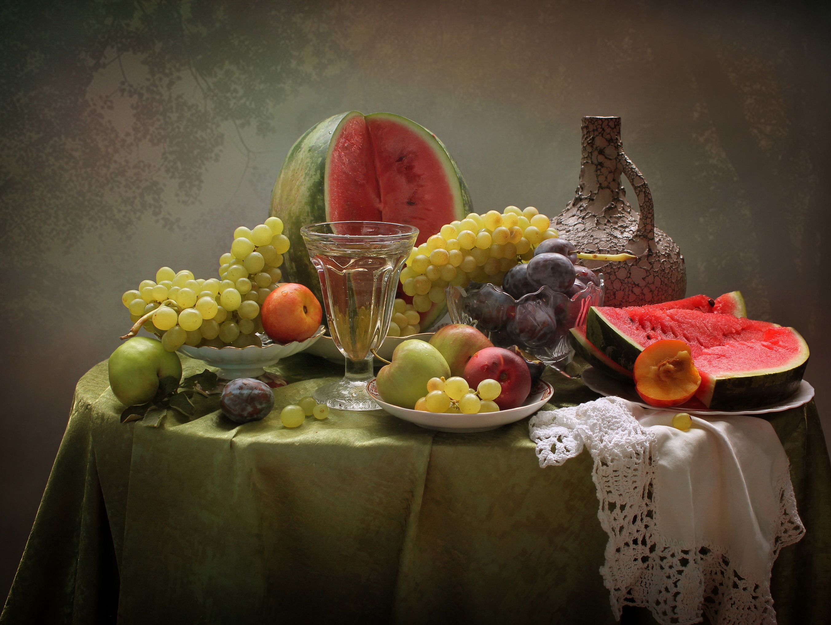лето, фрукты, арбуз, виноград, сливы, кувшин, нектарины, Ковалева Светлана
