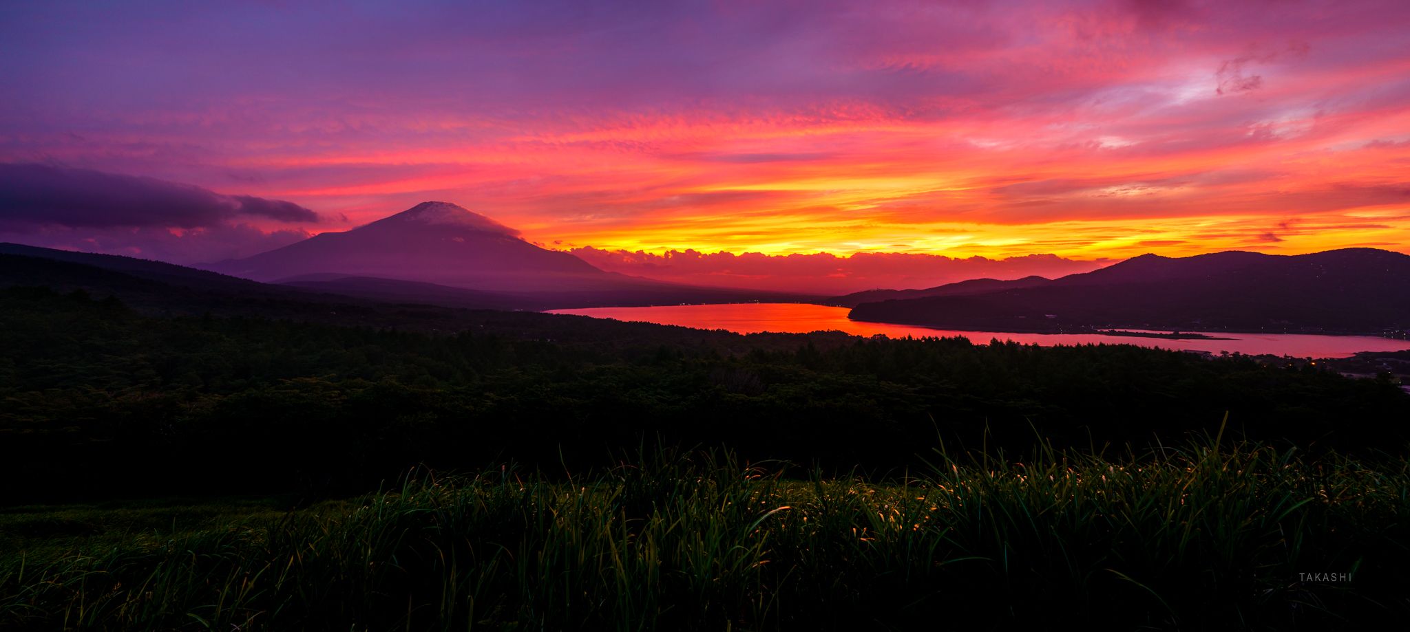 Fuji Japan mountain sunset clouds lake red amazing beautiful, Takashi
