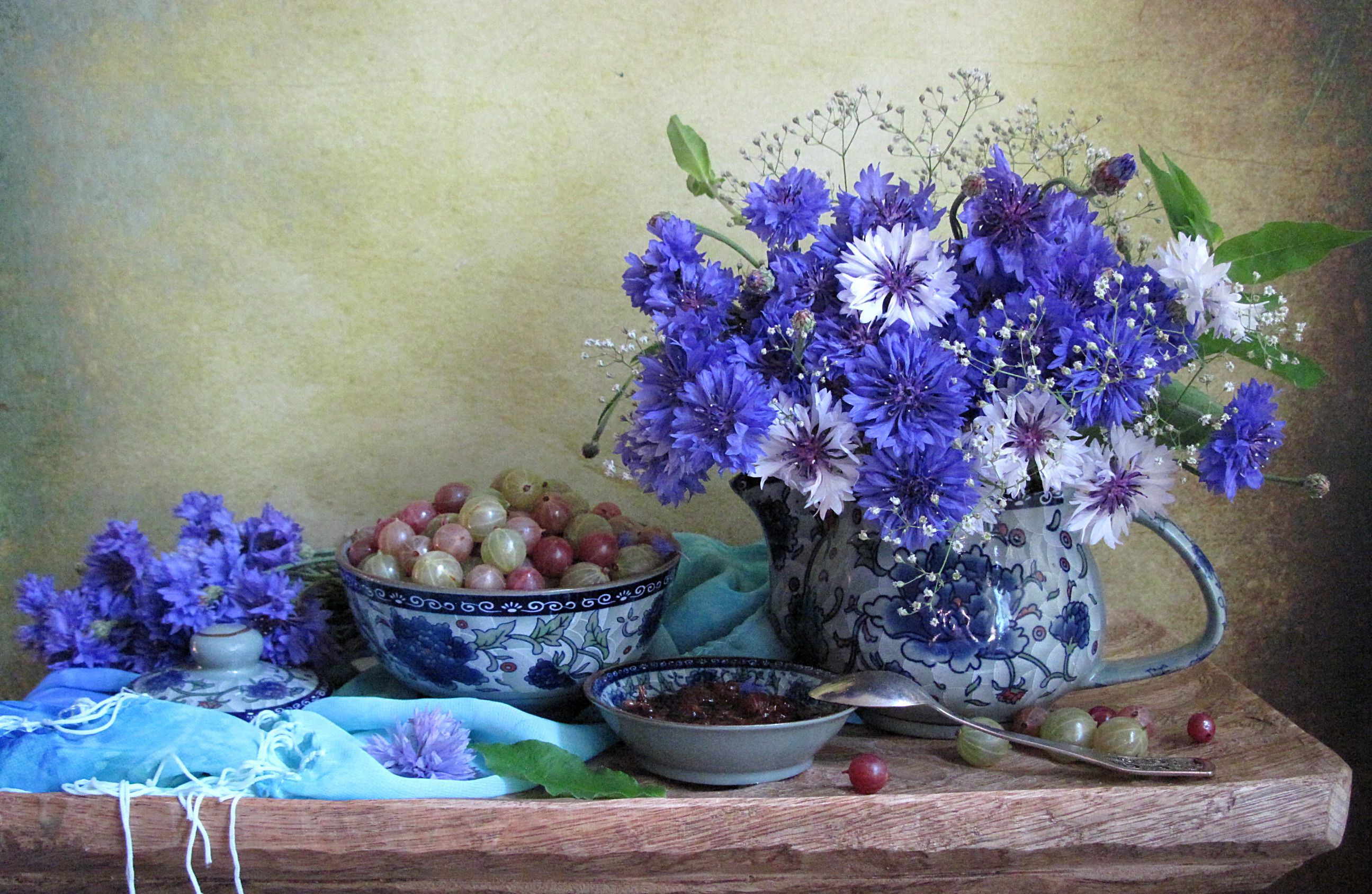 цветы, букет, васильки, ягоды, крыжовник, варенье, керамика, шарф, , Наталия Тихомирова