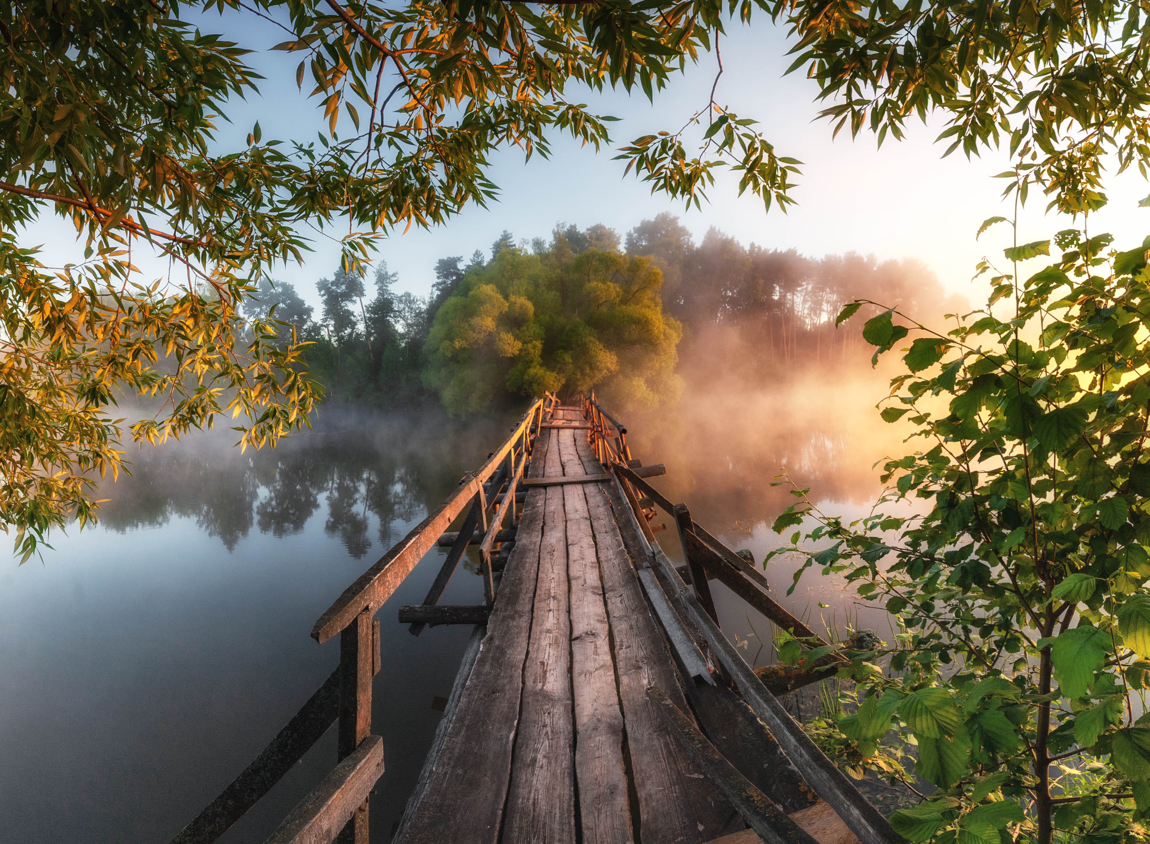 рассвет, туман, пейзаж, река, мост, Андрей Малыгин