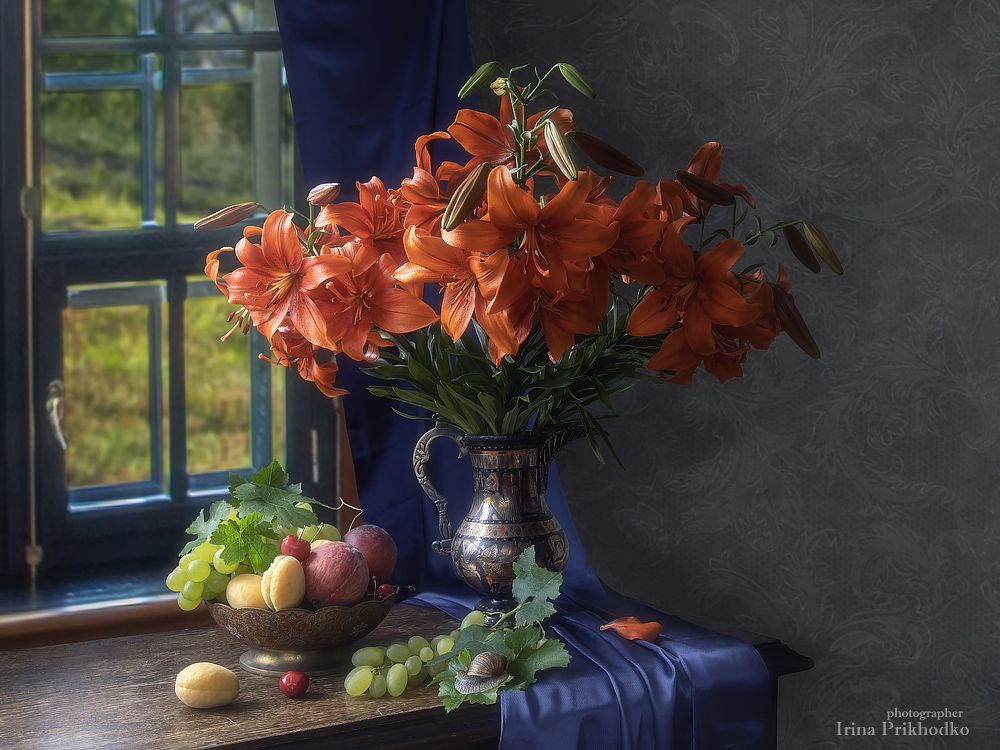 натюрморт, винтажный, букеты, цветы, лето, лилии, фрукты, Ирина Приходько