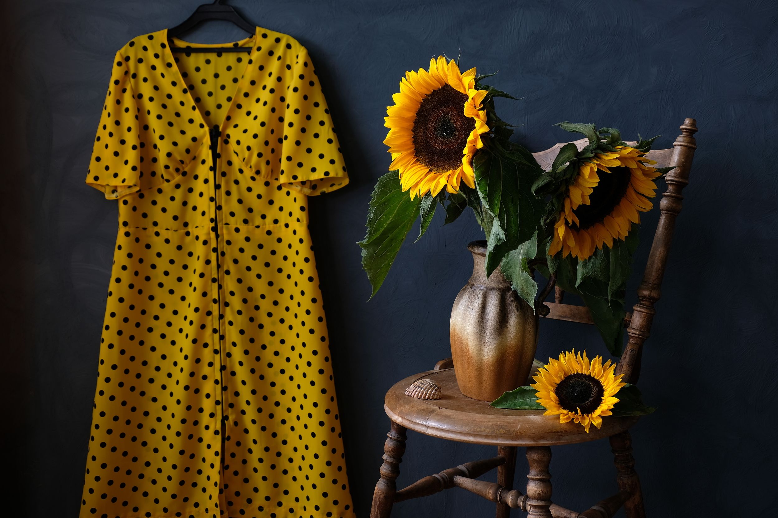 Still life, sunflowers, colors, nature, August, summer, flora, yellow, сeramics, chair, summer dress,, Svetlana Povarova Ree