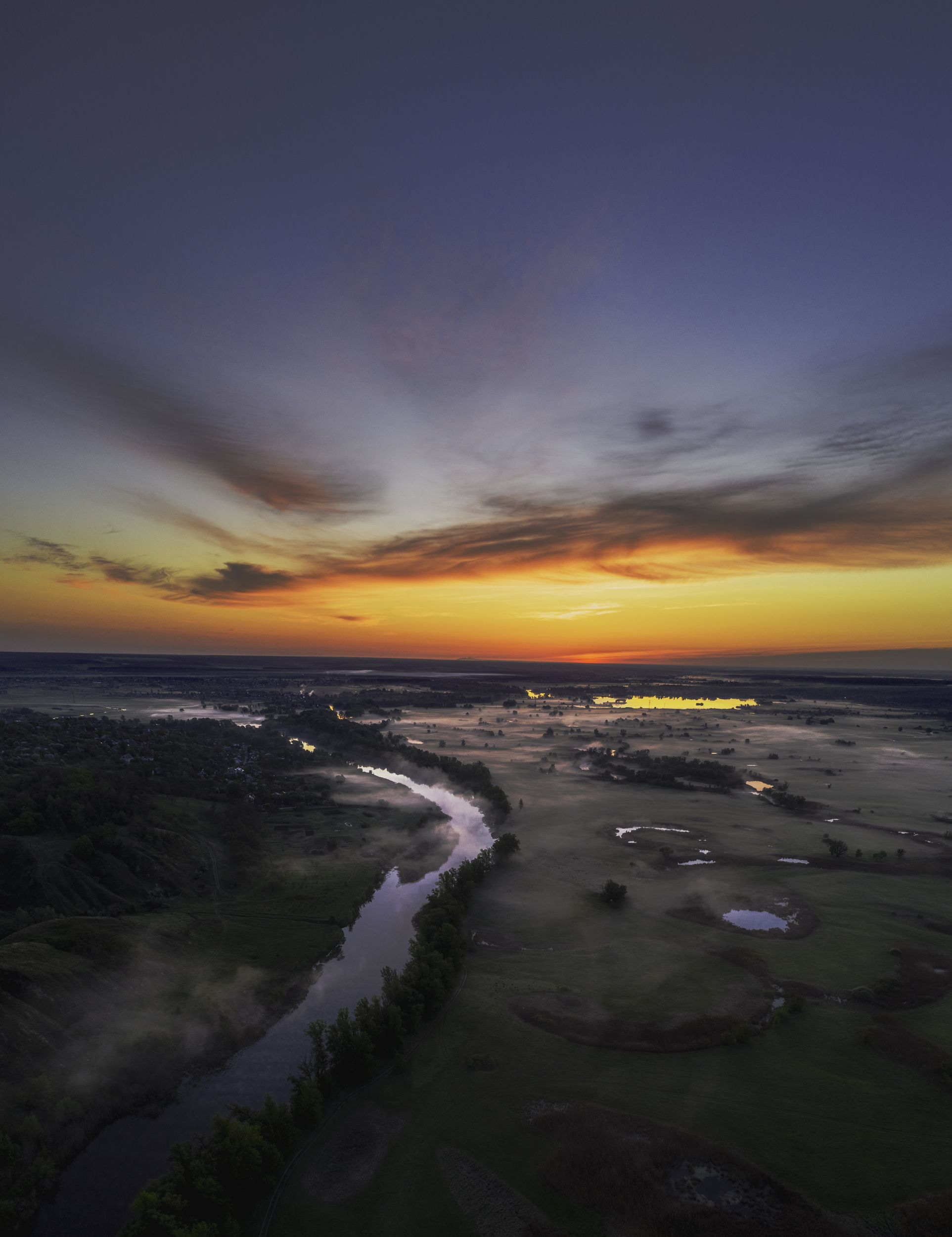 sunrise, fog, river, landscape, aerial, drone, Denys Makogon