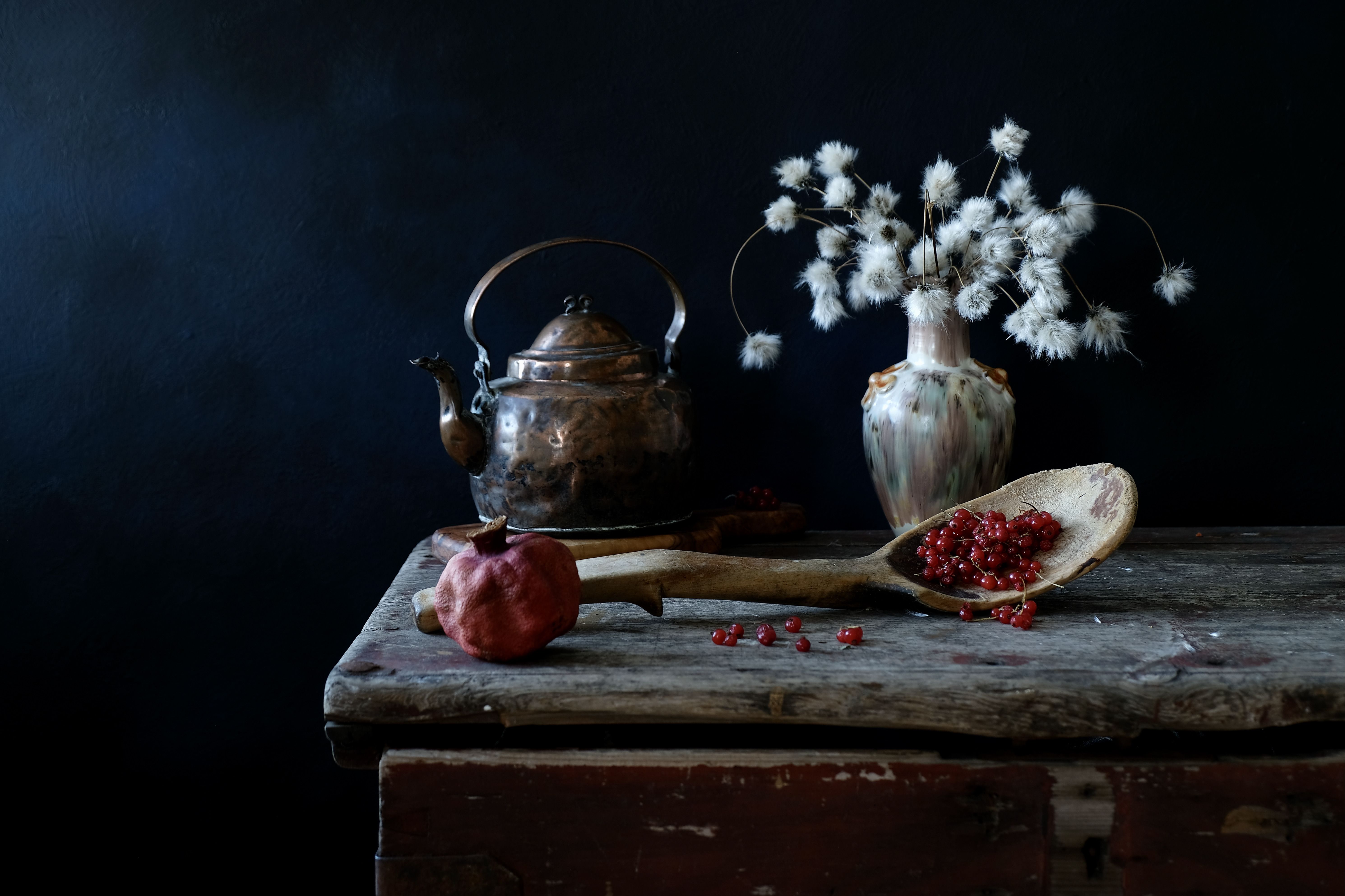 Still life, spoon, old, сhest, currant, kettle, pomegranate, plants, сottongrass, light, , Svetlana Povarova Ree