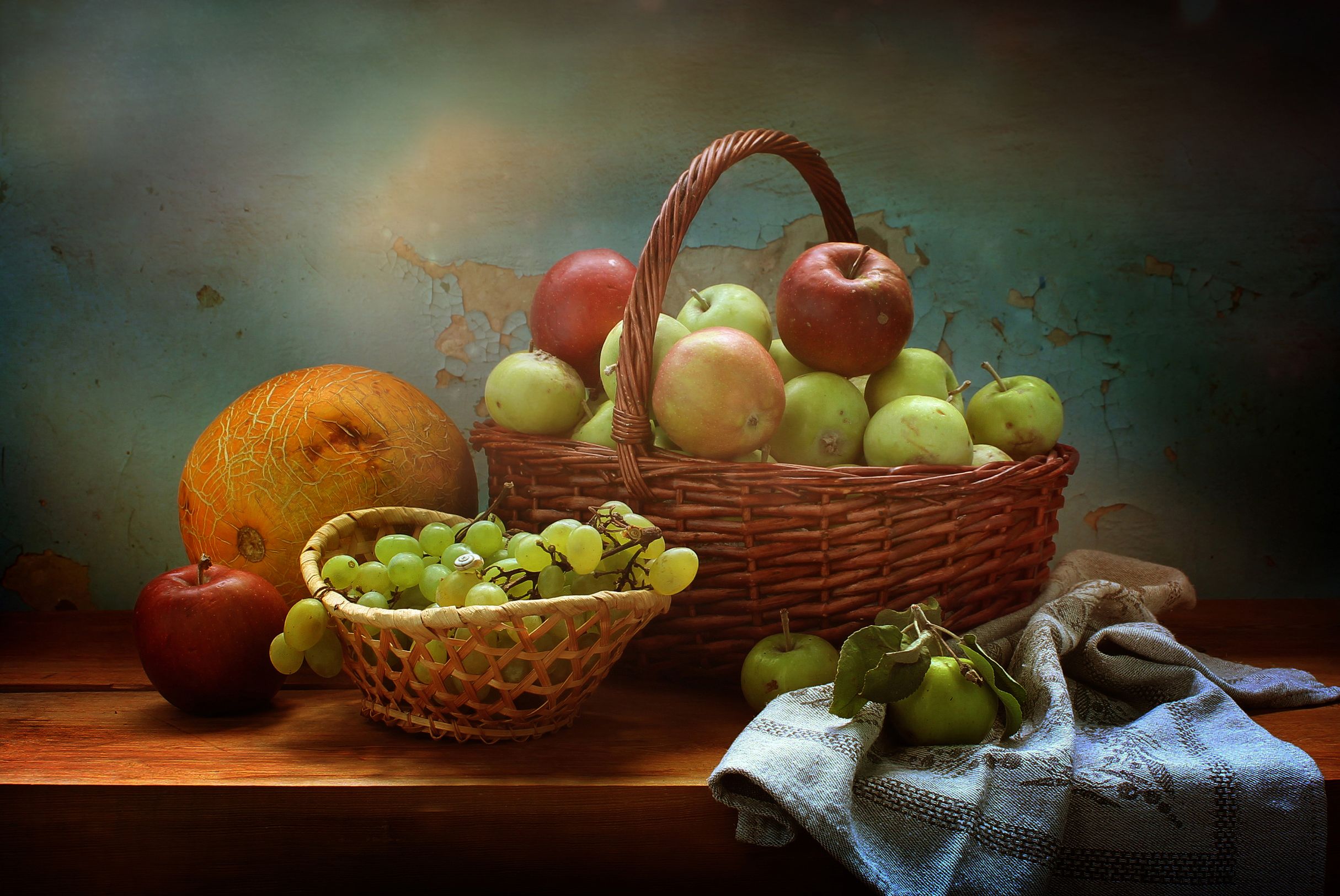 натюрморт, лето, яблоки, дыня, виноград, корзины, фрукты, Ковалева Светлана