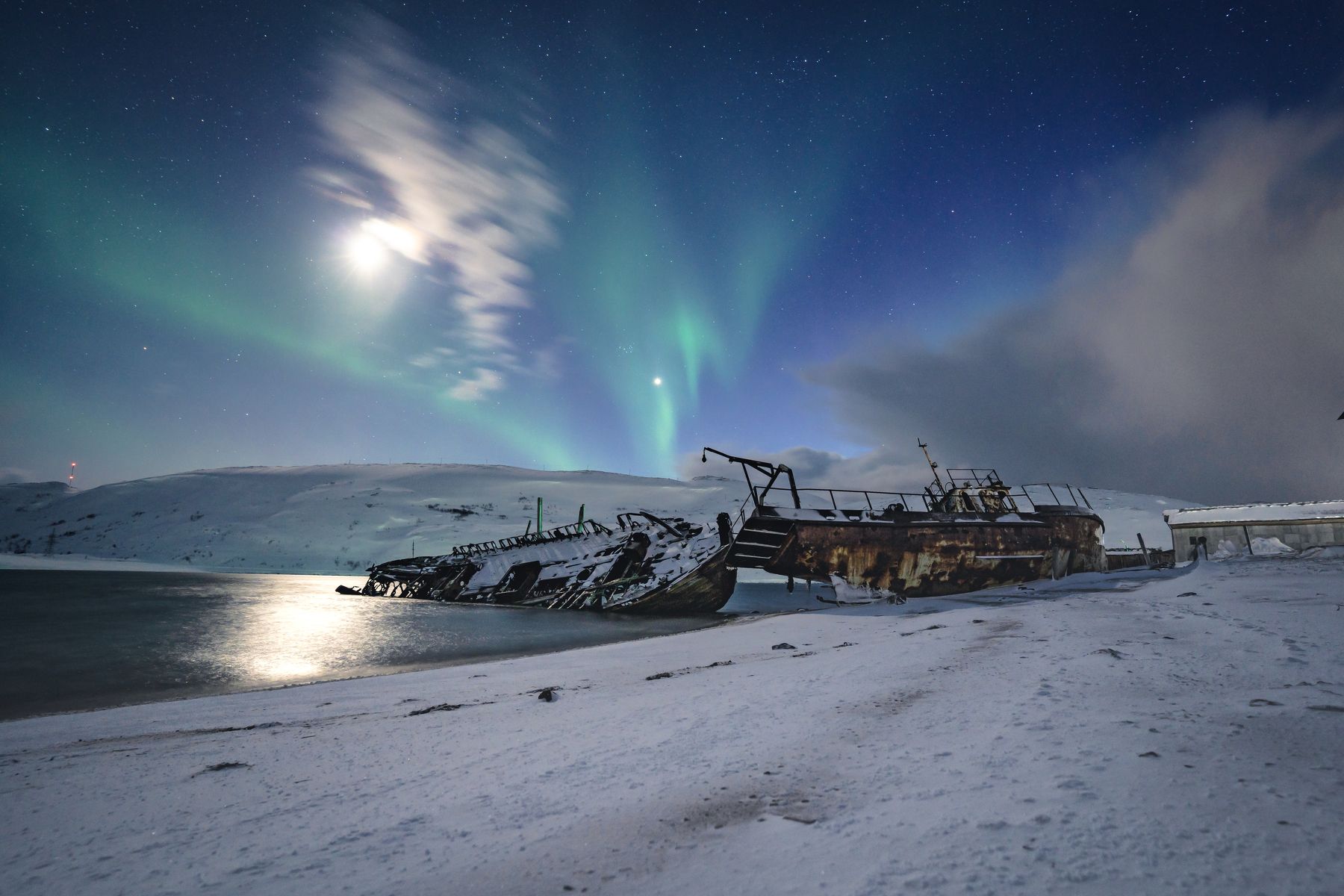 tundra; transportation; graveyard of ships; cloudy sky; tourism; beautiful; russian; outdoor; scenery; peninsula; barents; ocean; background; arctic circle; arctic ocean; bay; kola; northern; fishing boat; aurora; russia; ship; landscape; kola peninsula; , Dmitry Leonov