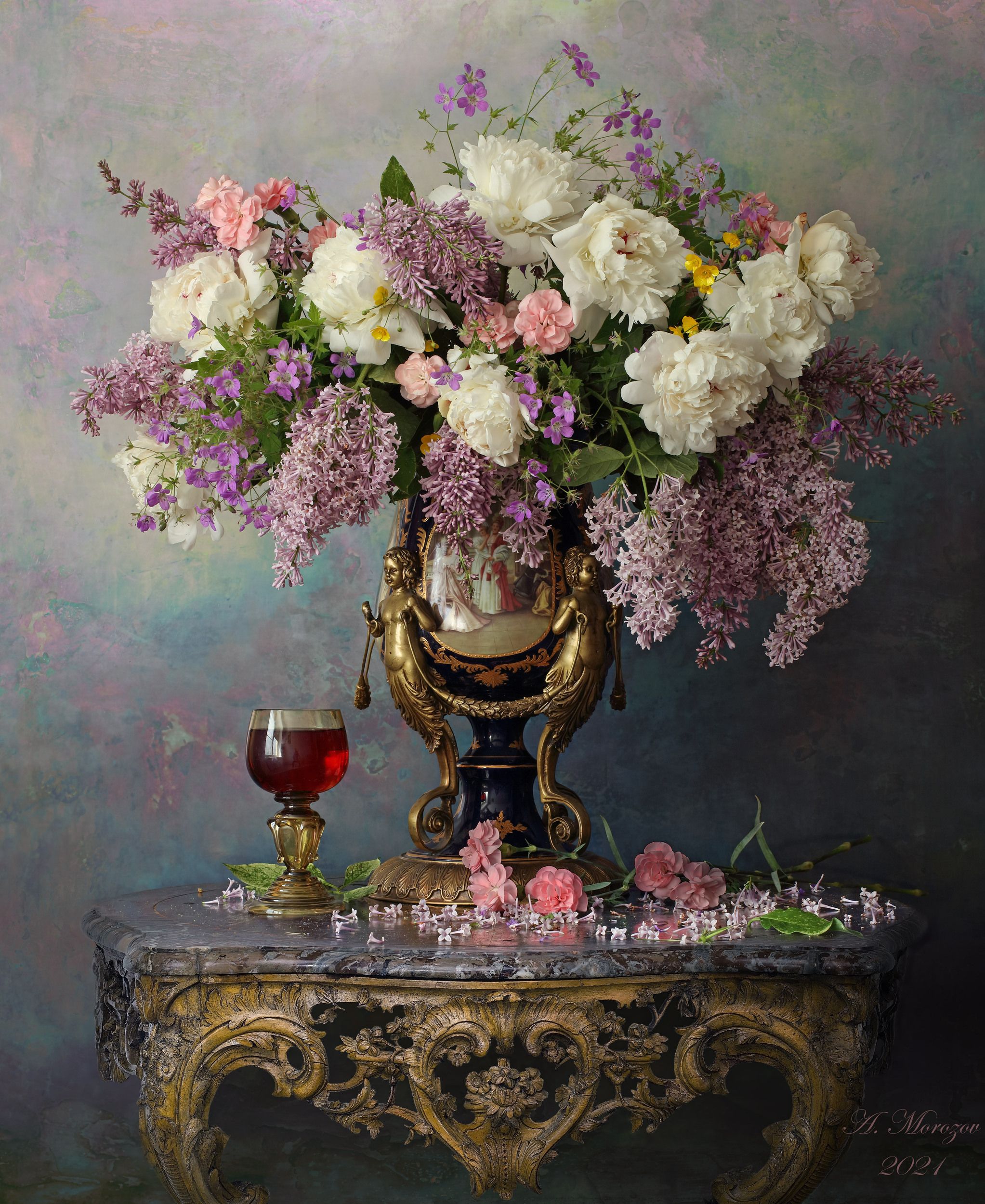 цветы, пионы, сирень, стол, букет, Андрей Морозов