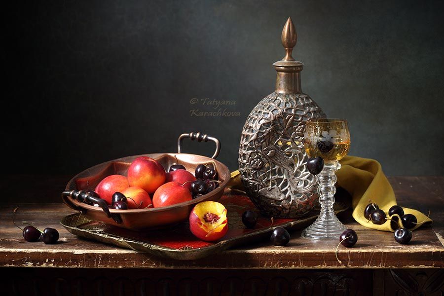 натюрморт, лето, фрукты, персики, черешня, Tatyana Karachkova