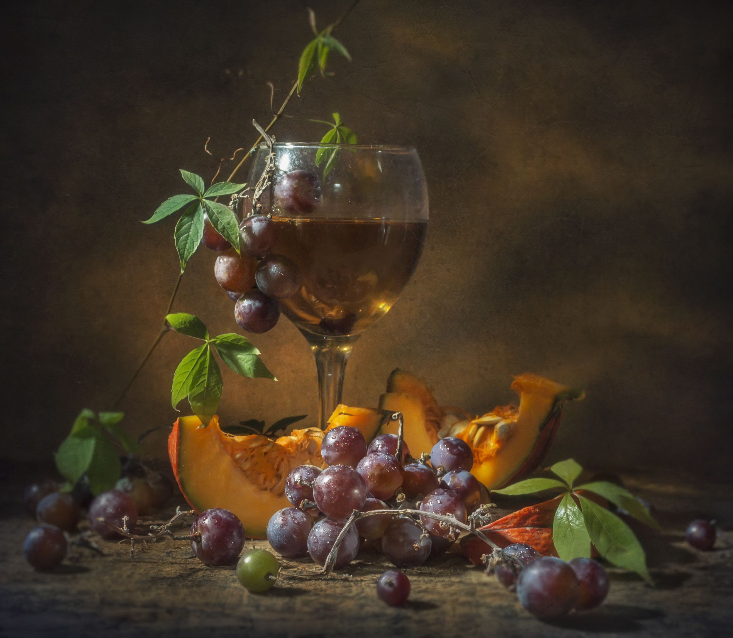 вино,виноград,бокал,листья,тыква,гроздь,тёплый, Владимир Володин
