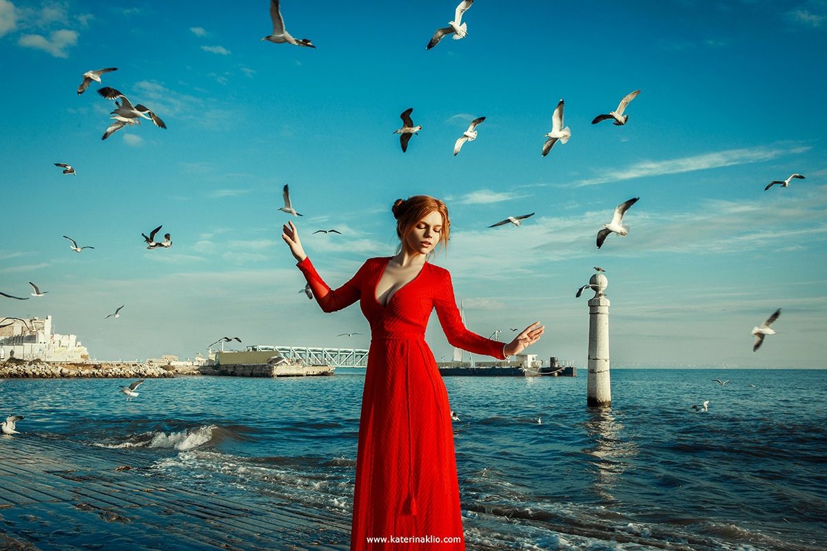 red, dress,woman, beauty, beautiful, gull, sea, ocean, wind, sun, girl, feeling, bird, Катерина Клио