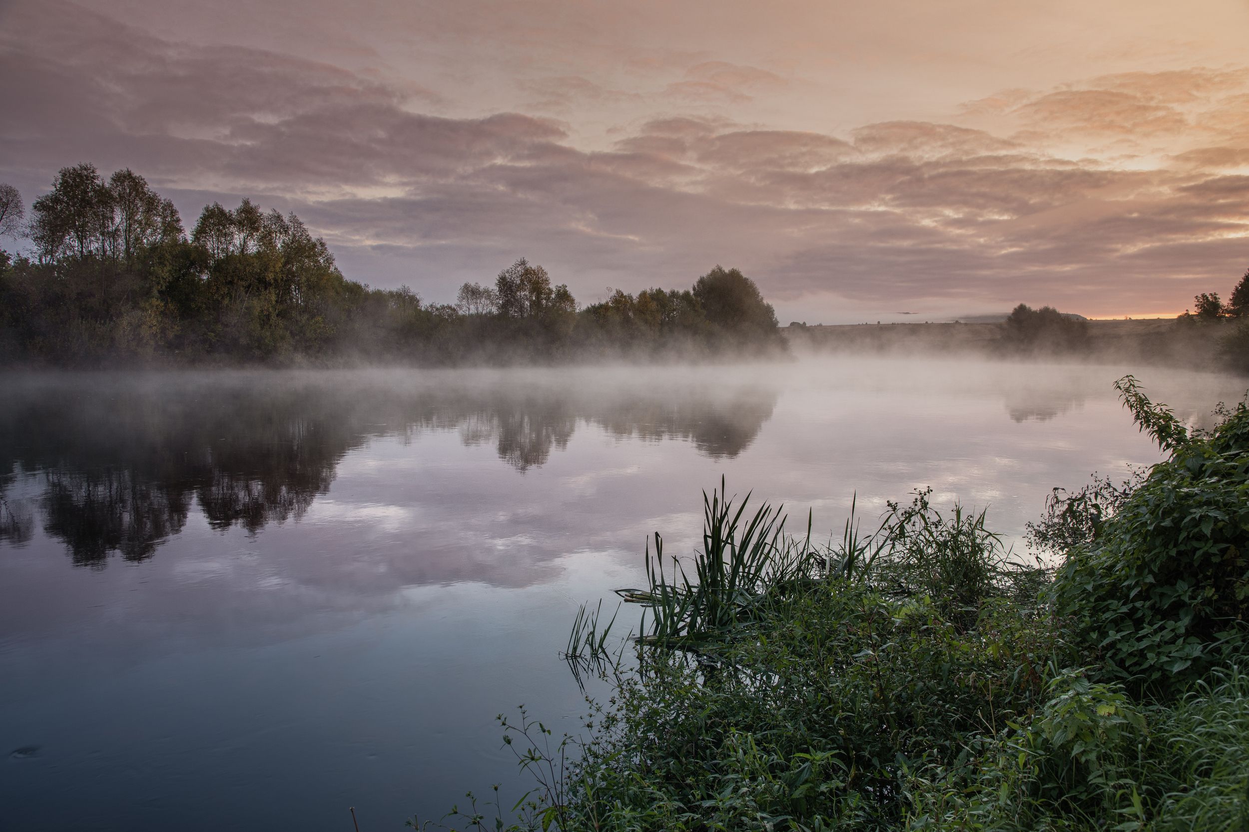 russia, river, landscape, dawn, sunrise, mist, fog, Roman Bevzenko