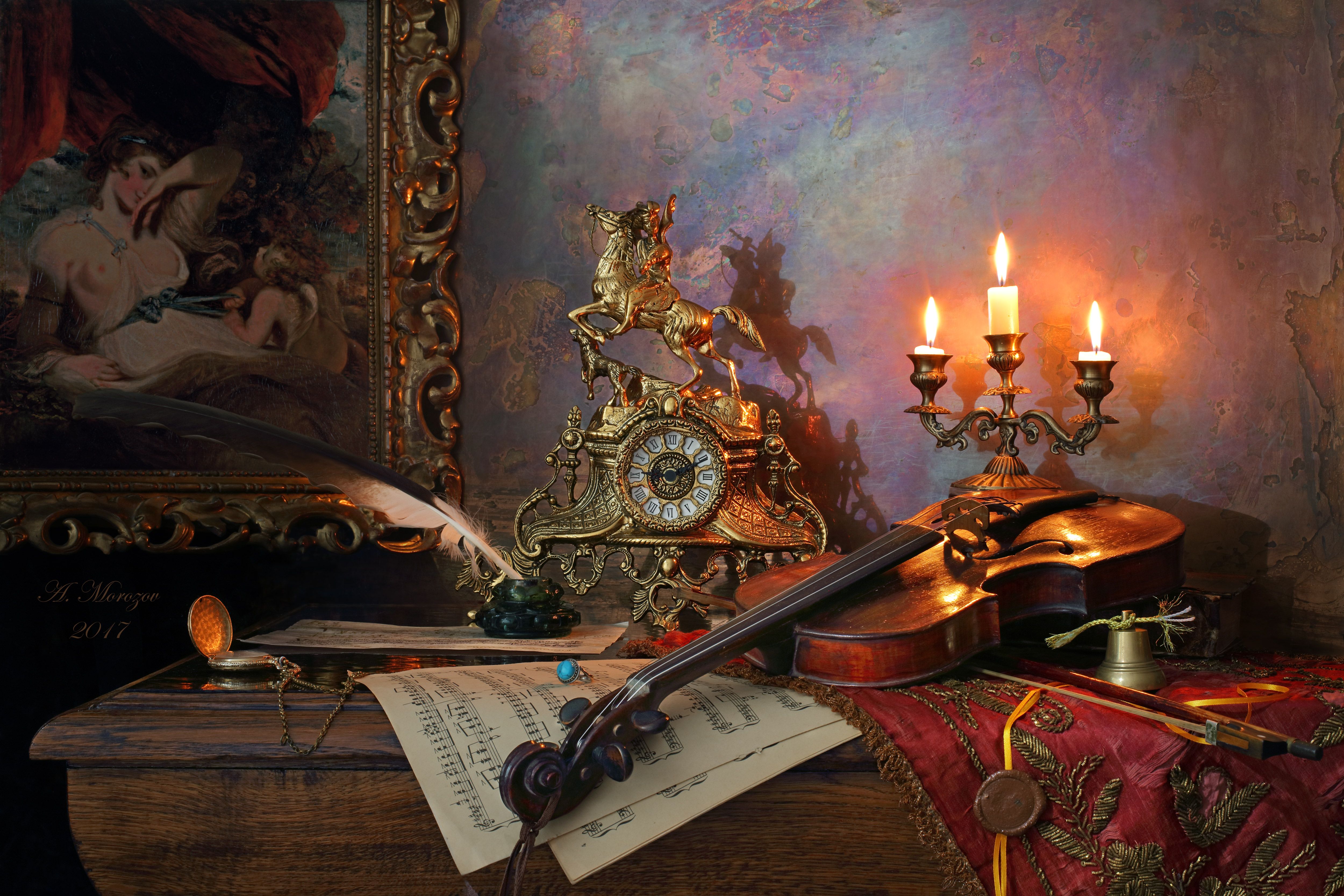 скрипка, свечи, картина, девушка, часы, Андрей Морозов
