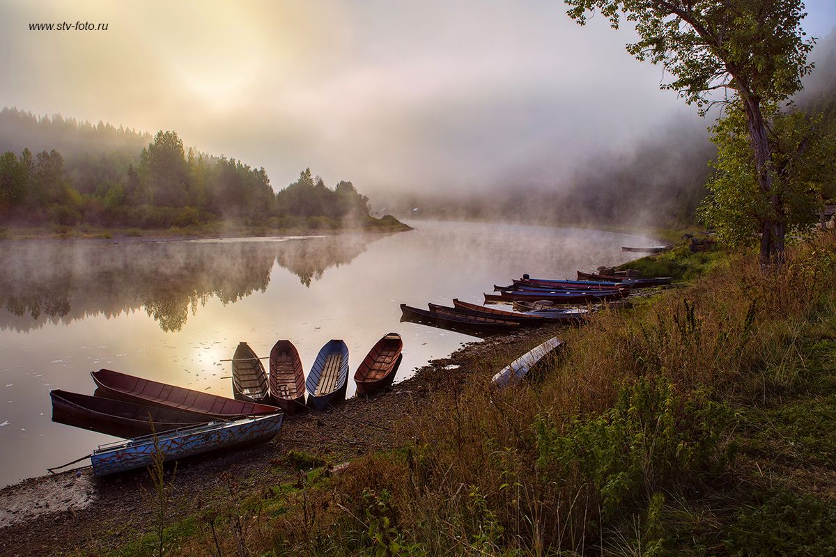 пейзаж, природа, река, лодки, утро, рассвет, туман, кын, Sokolova Tatiana