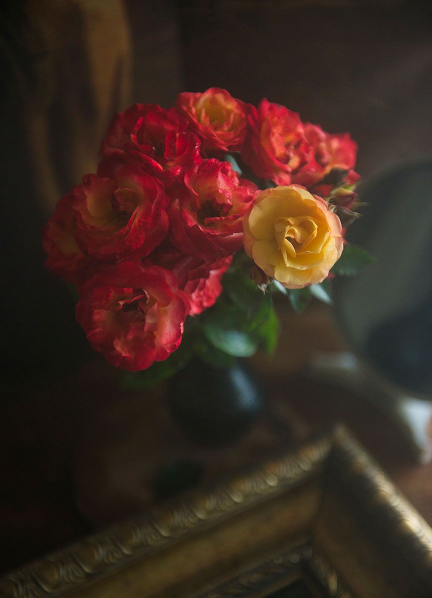 розы, красные, желтые, ваза, рама, зеркало, свет, ретро, винтаж,, Игорь Токарев