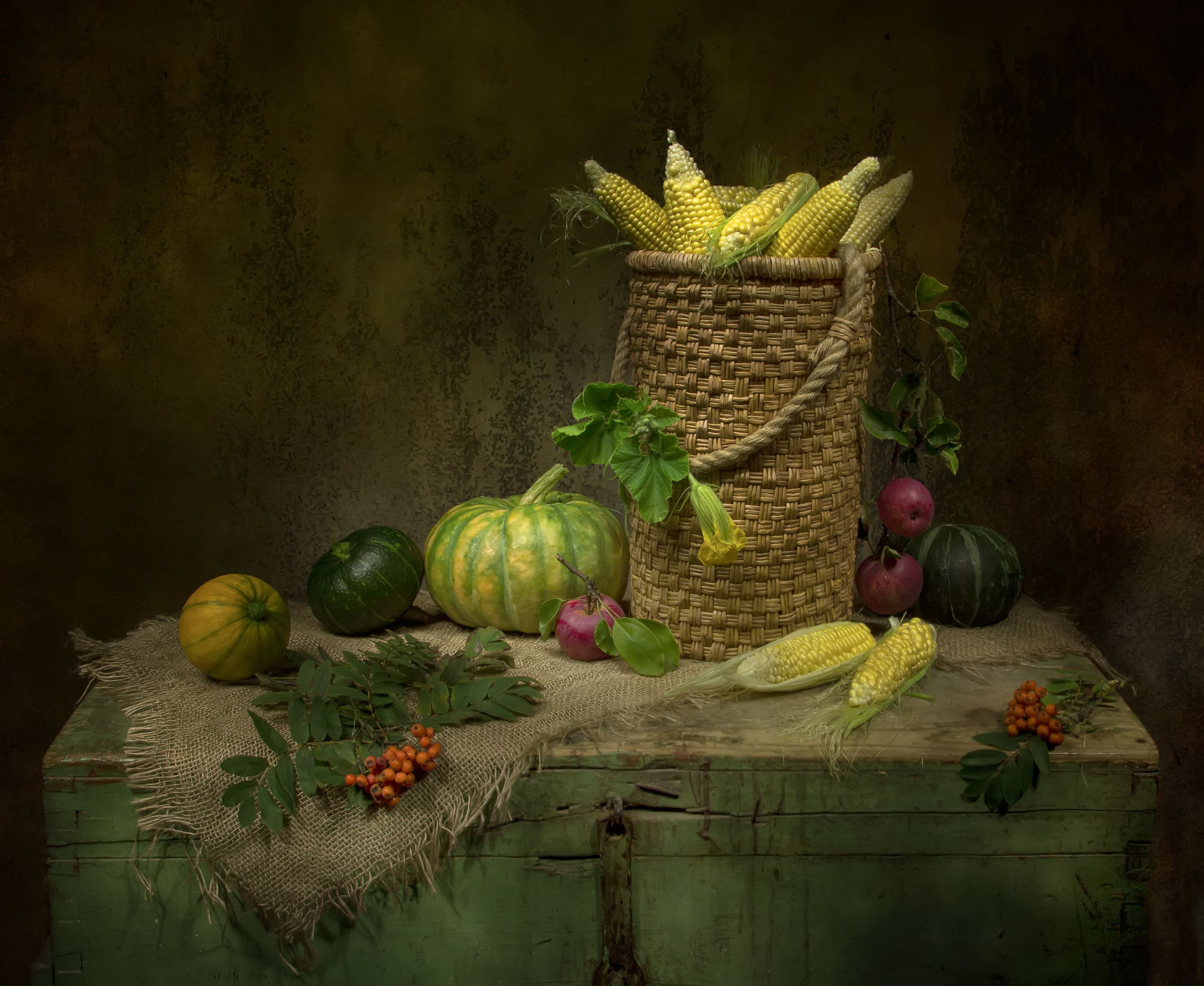 натюрморт, кукуруза, тыквы, яблоки, Татьяна Феденкова
