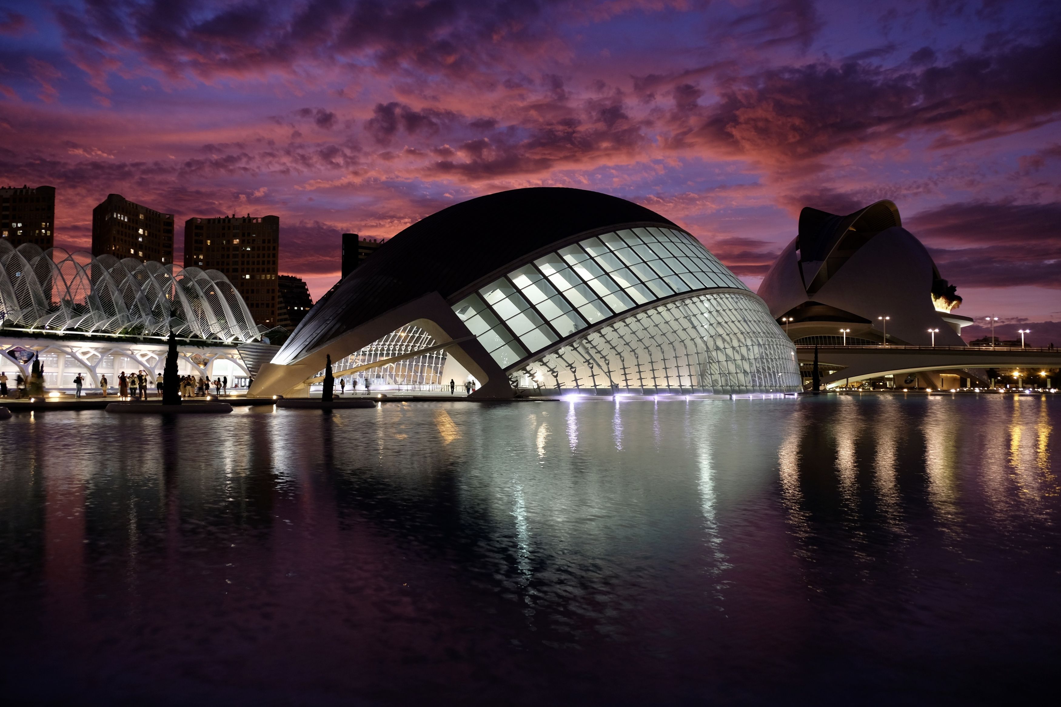 City/Architecture, Santiago Calatrava, Spain, Valencia, city, architecture, modern architecture, colors, cityscape,  L'Hemisfèric, sunset, clouds, reflection, water, travel, , Svetlana Povarova Ree