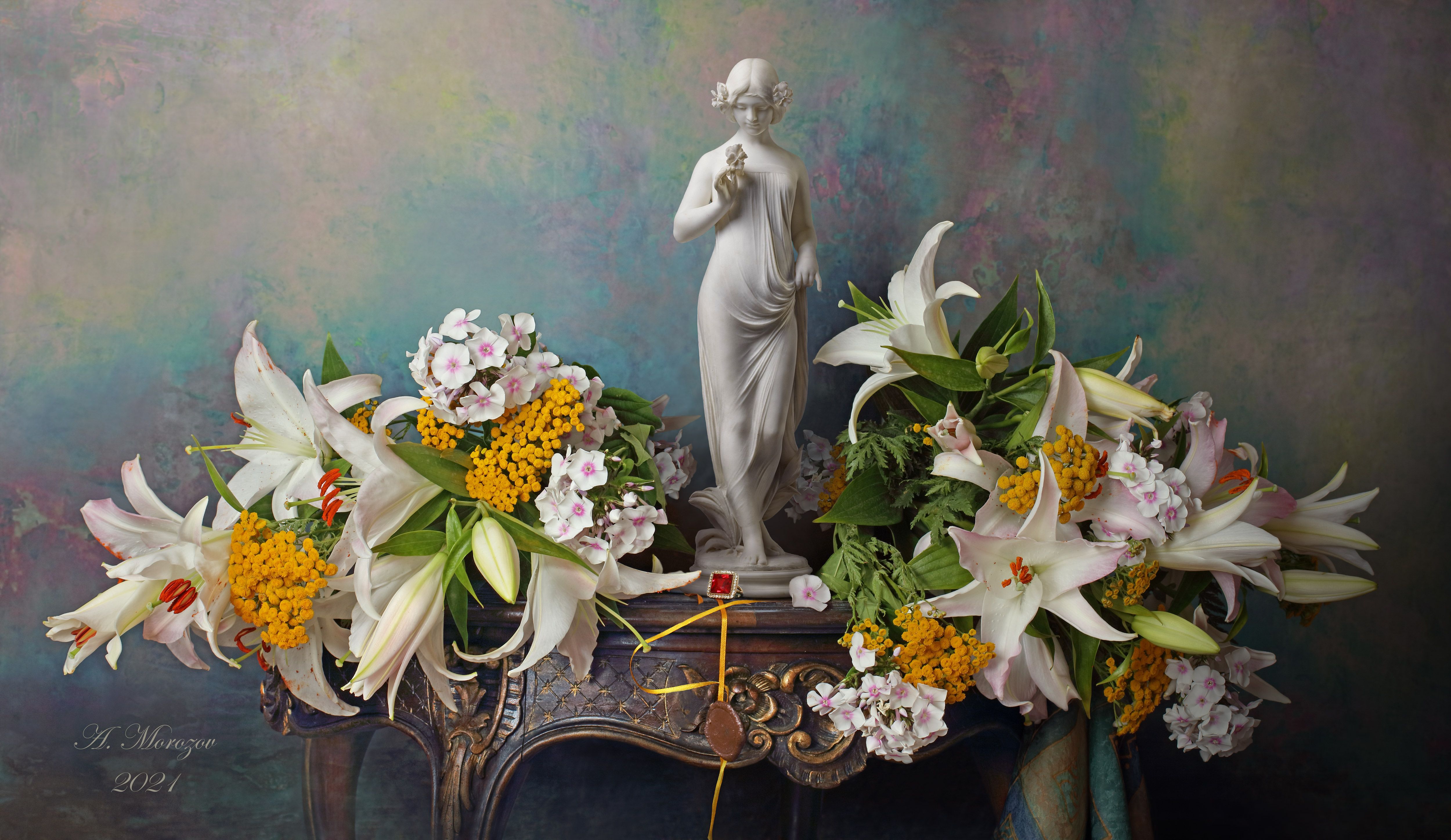 цветы, лилии, флоксы, девушка, скульптура, Андрей Морозов