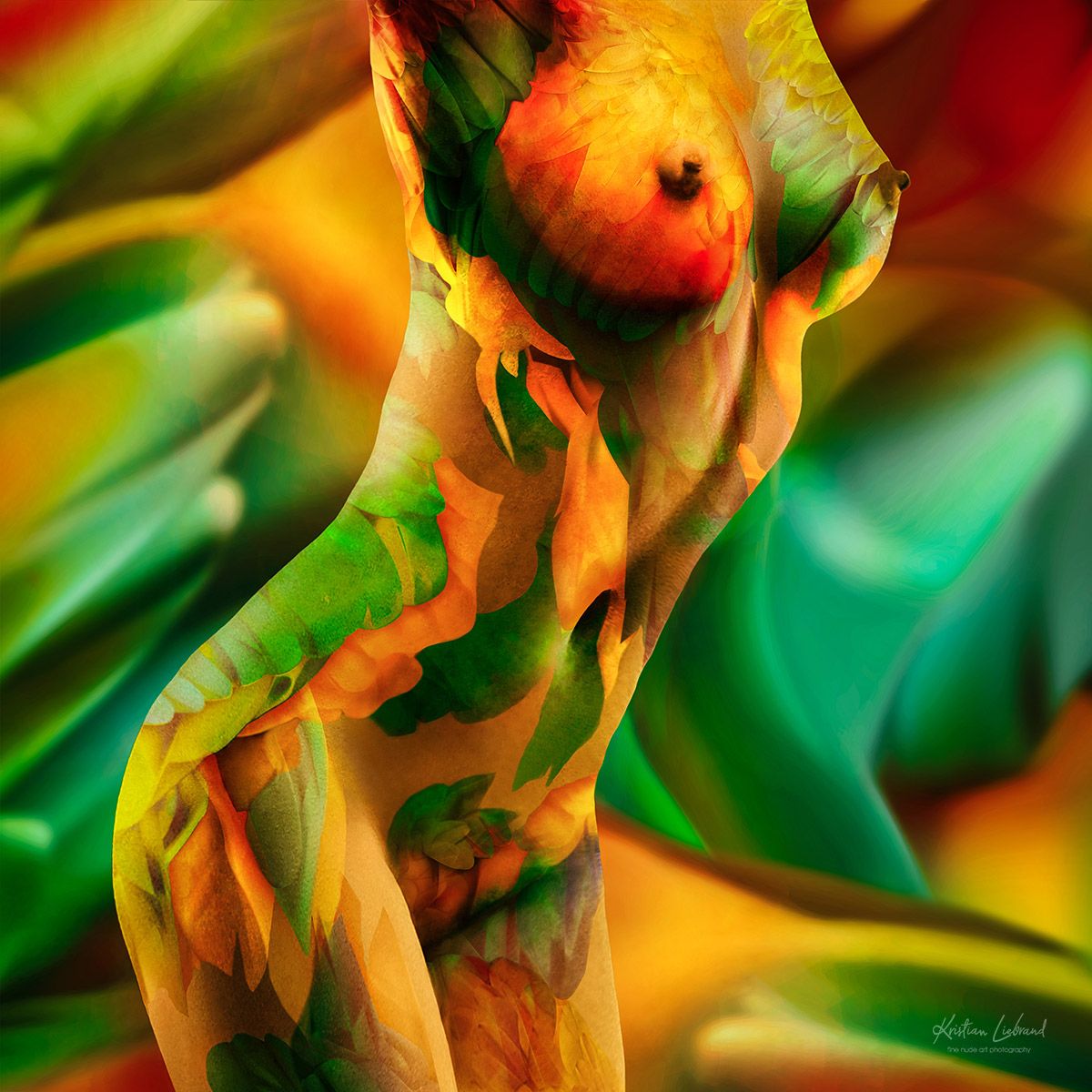 fine nude art, nudes, colors, colorful, paint, paintings, tropical, jungle, girl, nudes, art, bodypaint, body, erotic, beauty, woman, green, orange, naked, breast, female, exotic, Kristian Liebrand