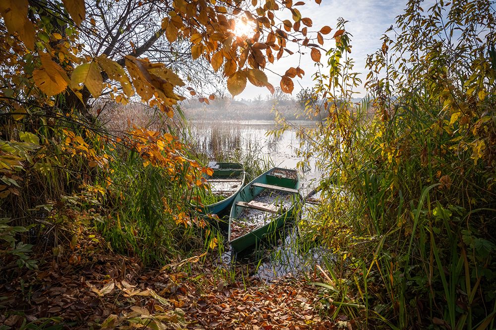 осень, река, солнце, утро, лодки, туман, Игорь Кляхин