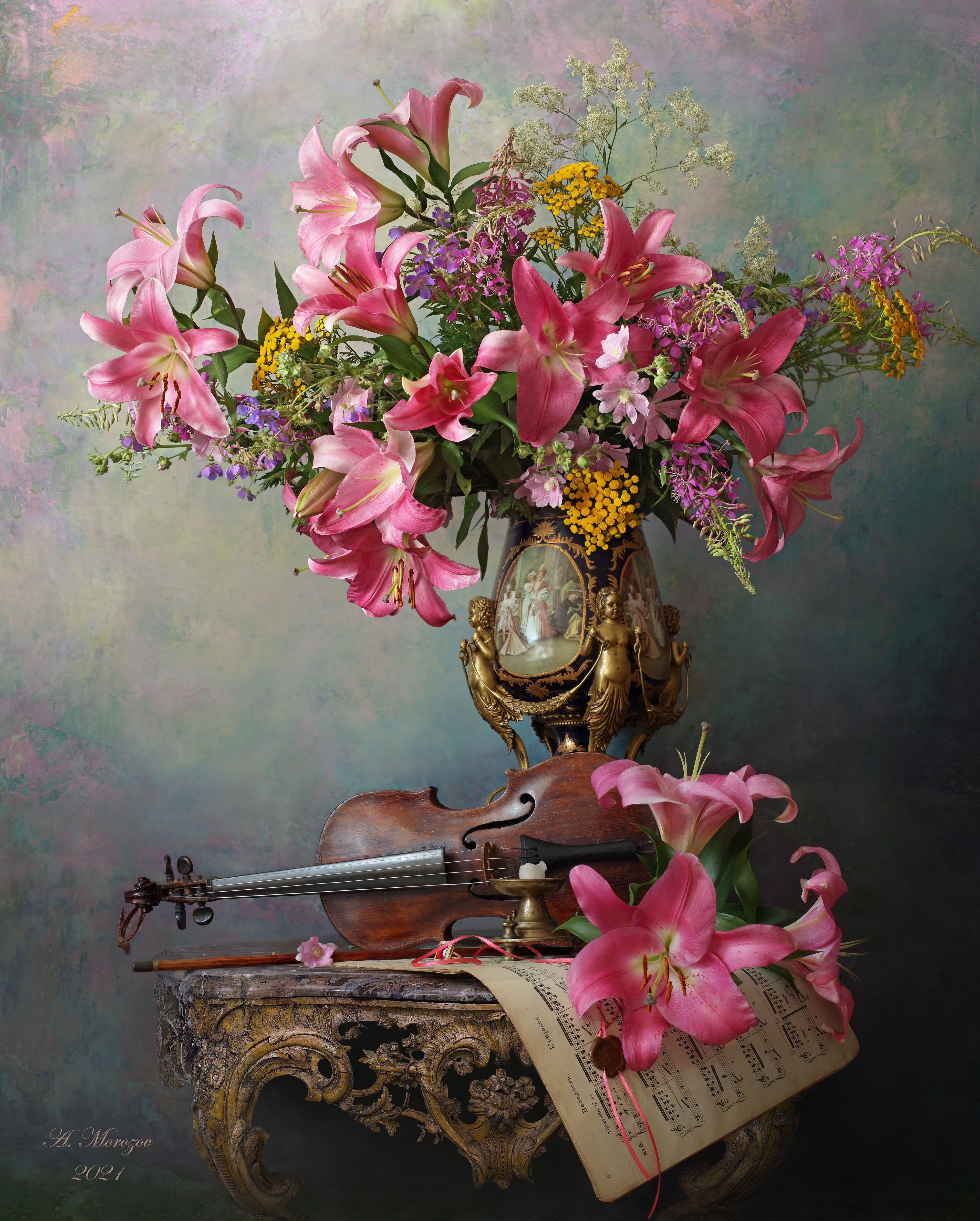 цветы, лилии, скрипка, музыка, ваза, Андрей Морозов