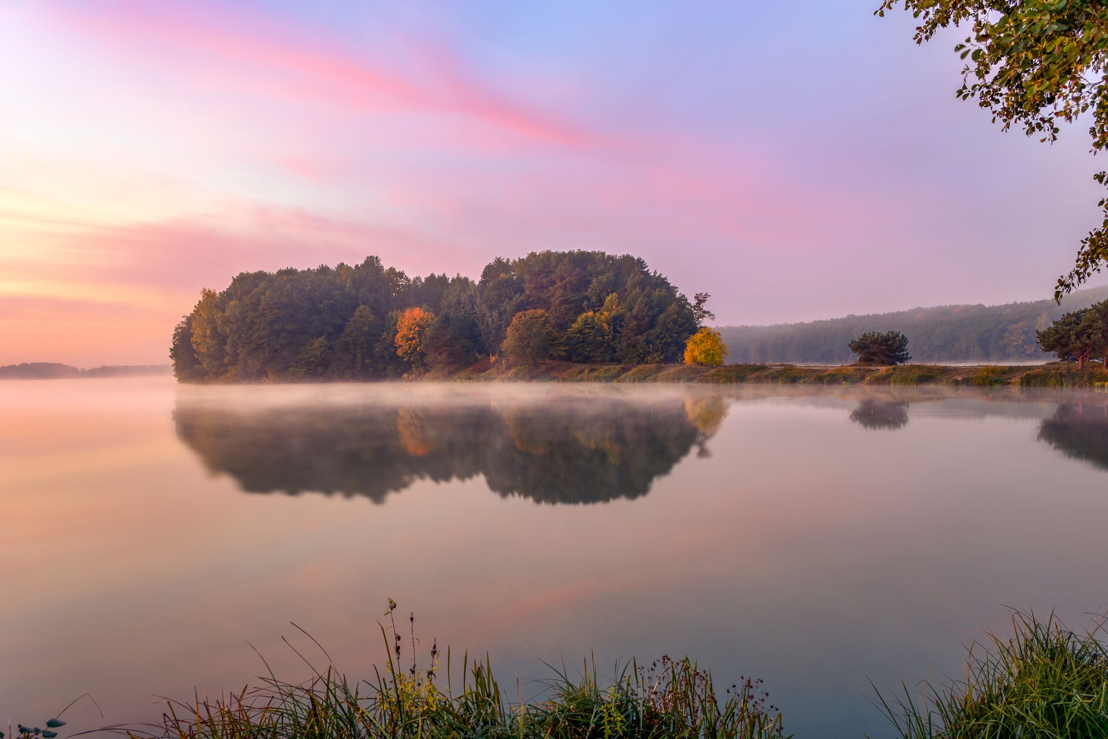 sunrise, landscape, nature, fog, water, reflection in water, sky, clouds, light, dawn, islet, trees,, Krzysztof Tollas
