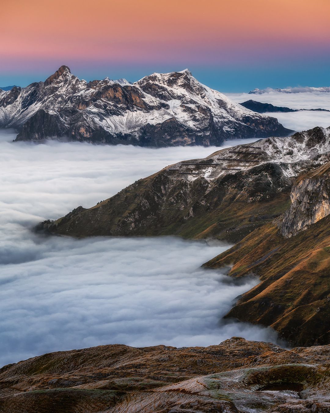 swiss, switzerland, alps, mountains, mist, fog, europe, clouds, sunset, amazing, landscape, mountains, mounatain, colours, Jakub Perlikowski