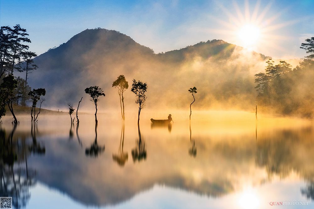 quanphoto, landscapes, morning, sunrise, dawn, reflections, lake, fishing, fisherman, trees, misty, nature, rural, vietnam, quanphoto