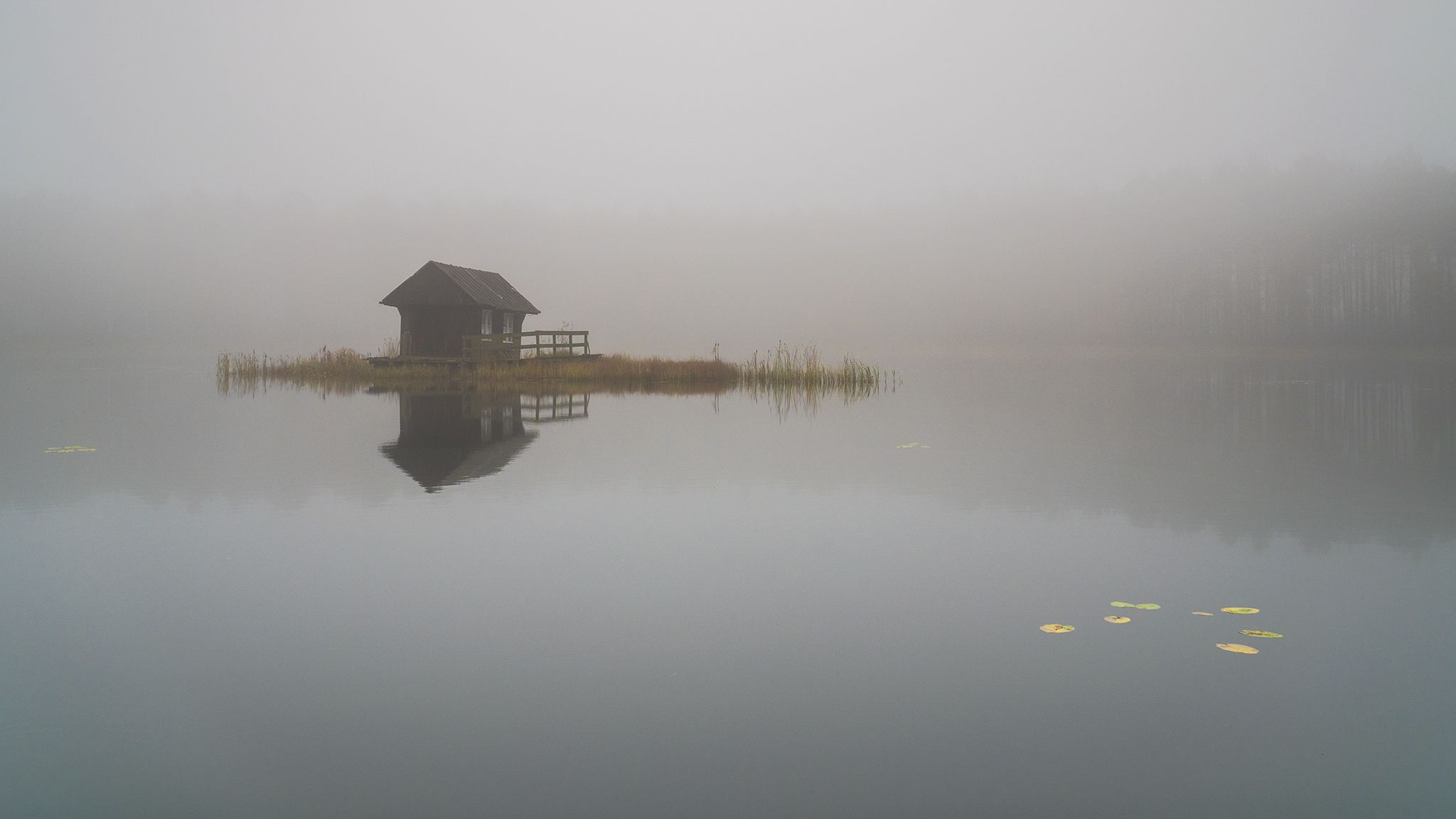 fog, water, mirror, autumn, october, island, house, Lukasz Zugaj