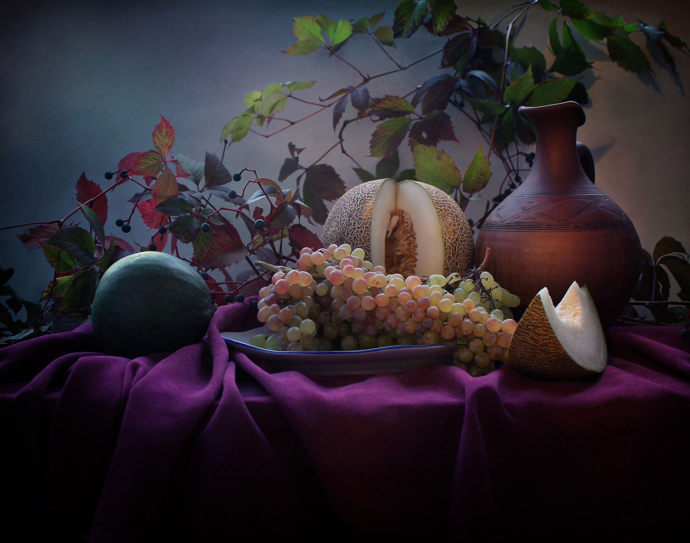 натюрморт, осень, листья, виноград, арбуз, кувшин, Ковалева Светлана