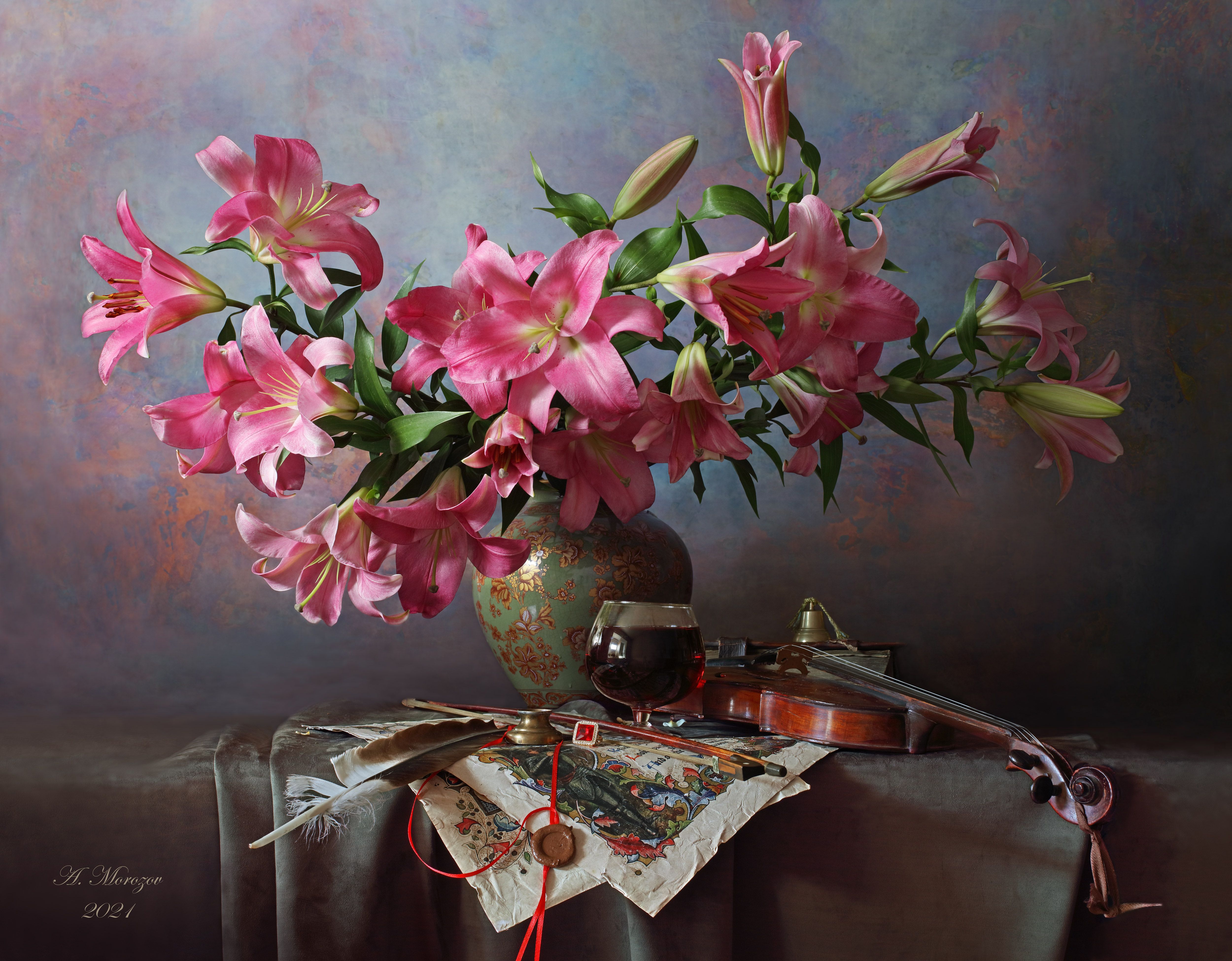 цветы, лилии, букет, скрипка, музыка, Андрей Морозов