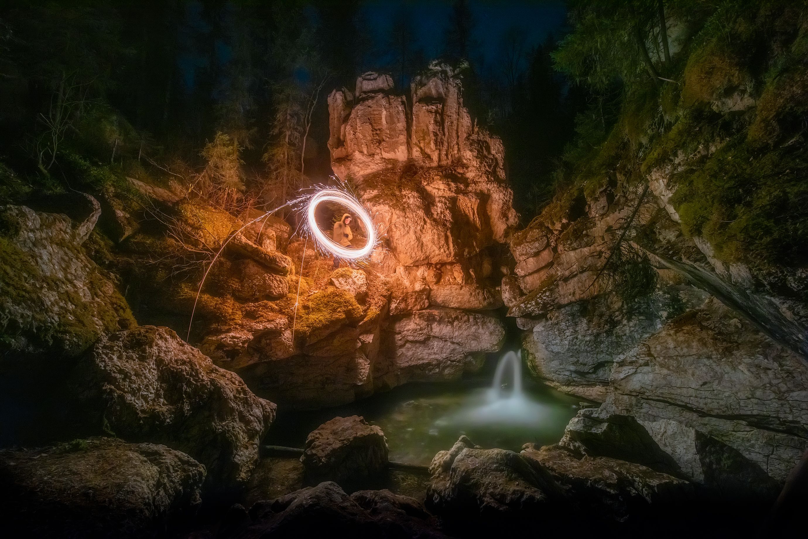 карст, пинега, водопад, скалы, ночь, днинная экспозиция, Михаил Карпов