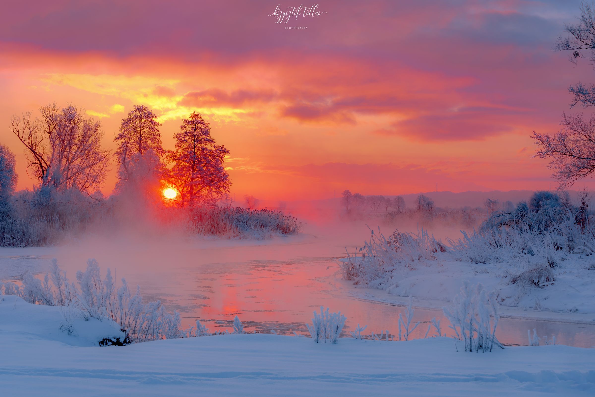 winter, frost, dawn, landscape, nature, river, Gwda, sky, clouds, fog, light, sun, trees, dreaming, water, reflection in the water, nikon, Krzysztof Tollas
