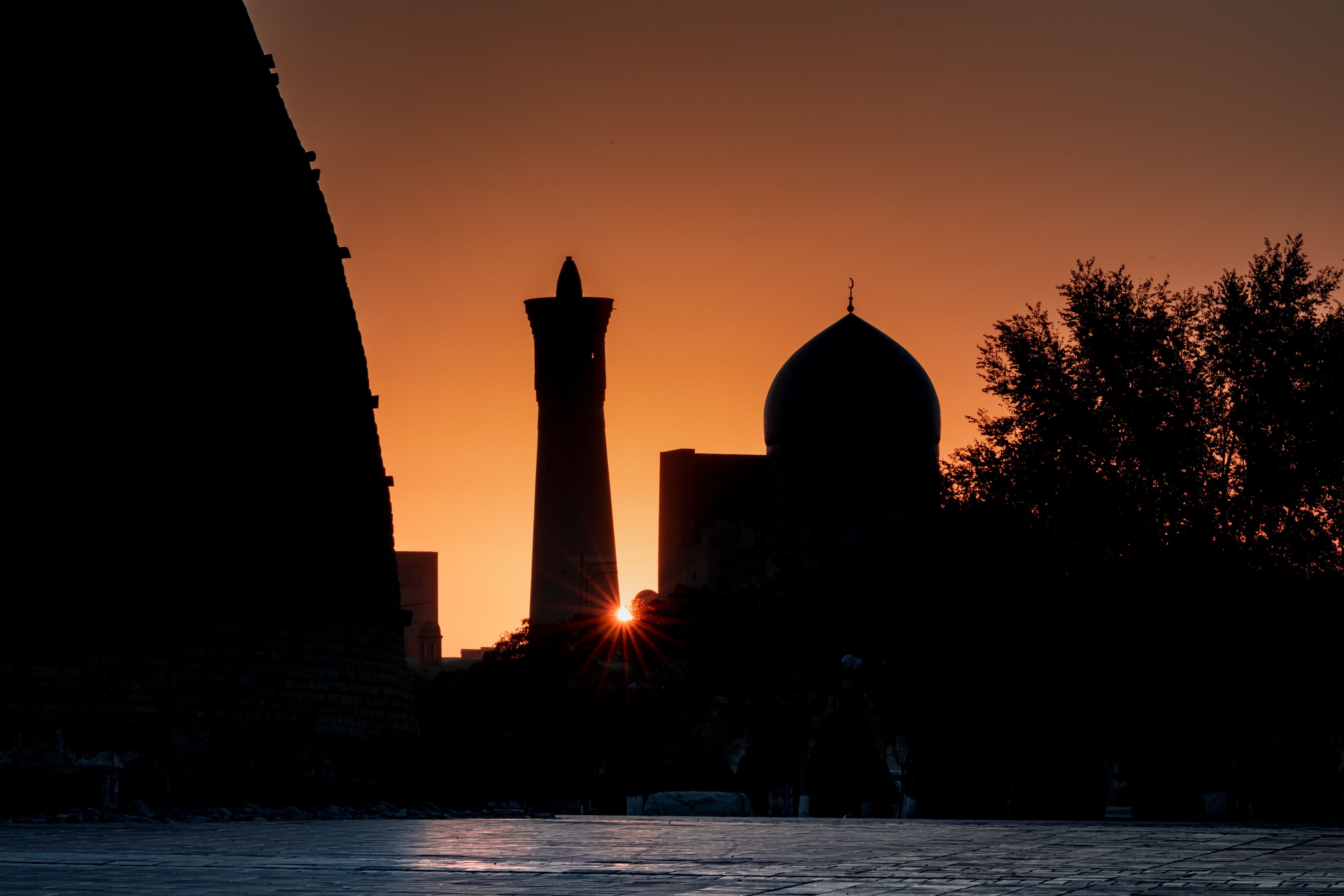 orient, east, uzbekistan, bukhara, mosque, minater, wall, city, town, old city, oriental, middle asia, sun, sunrise, dawn, Roman Bevzenko