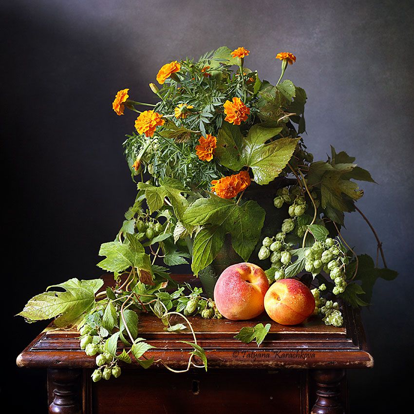 натюрморт, цветы, бархатцы, персики, хмель, Tatyana Karachkova