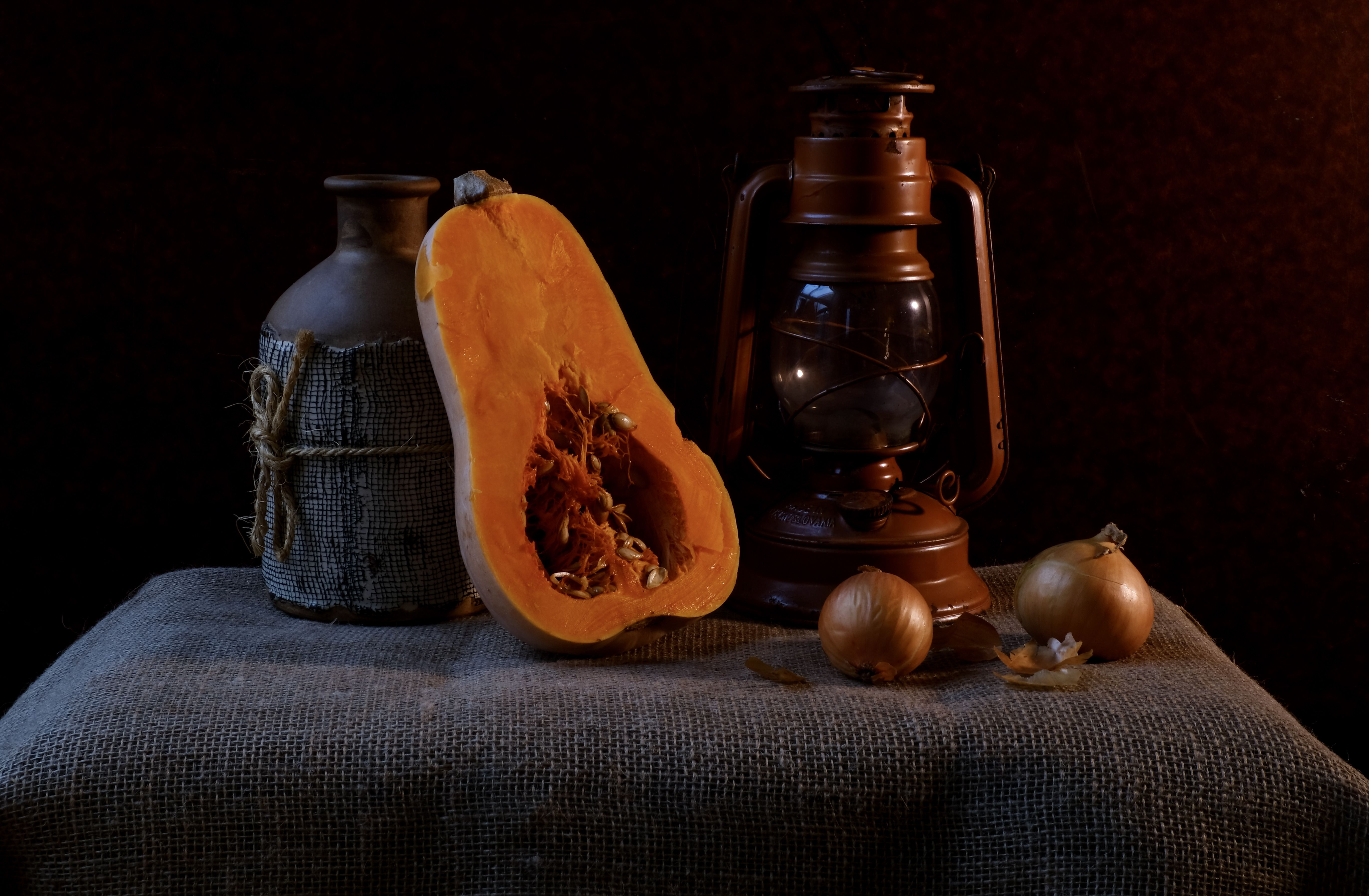 Still life, pumpkin, vegetables, oil lamp, light, onion, jug, autumn, kitchen, , Svetlana Povarova Ree