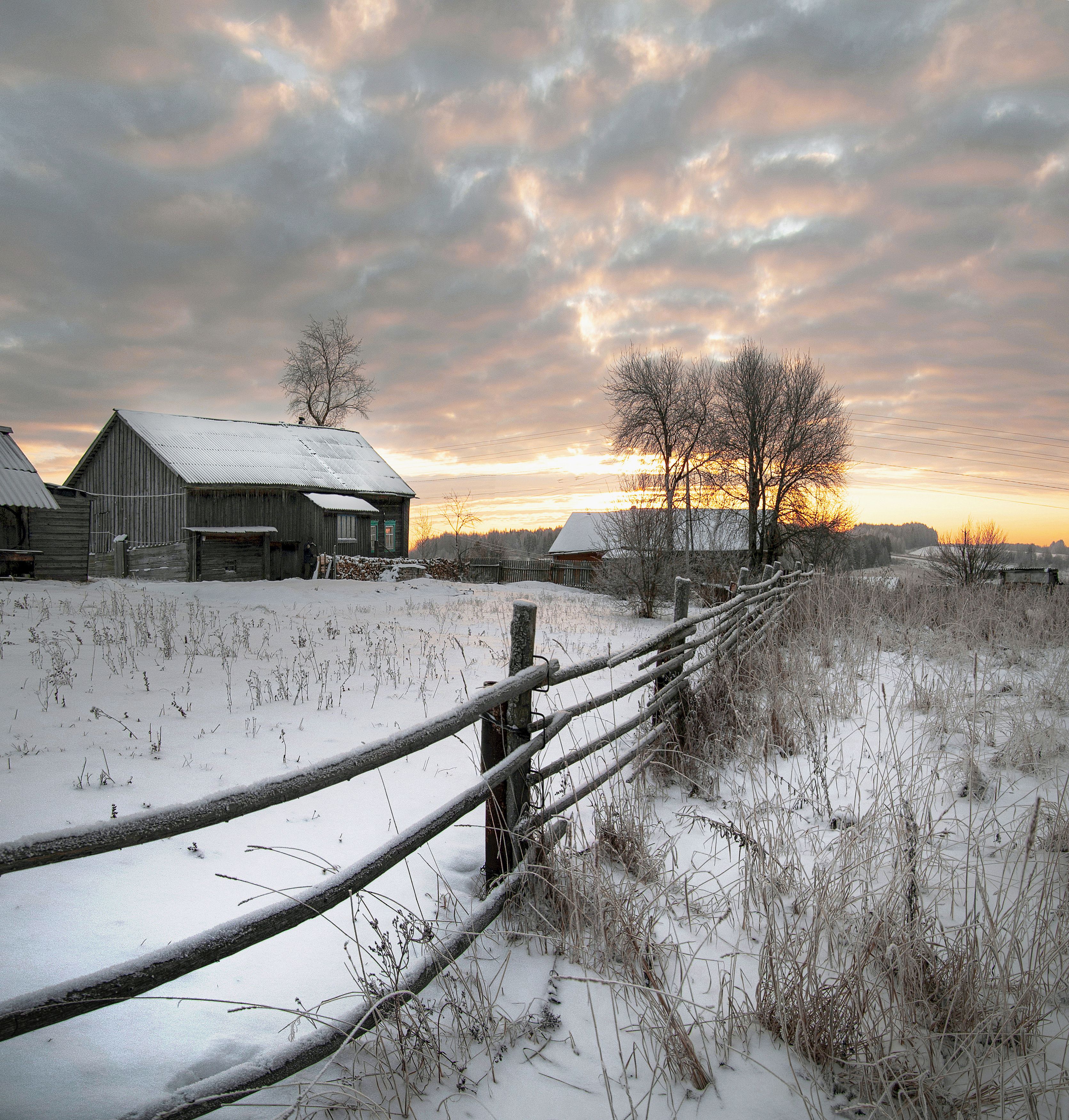село, пейзаж, рассвет, осень, снег, Андрей Малыгин
