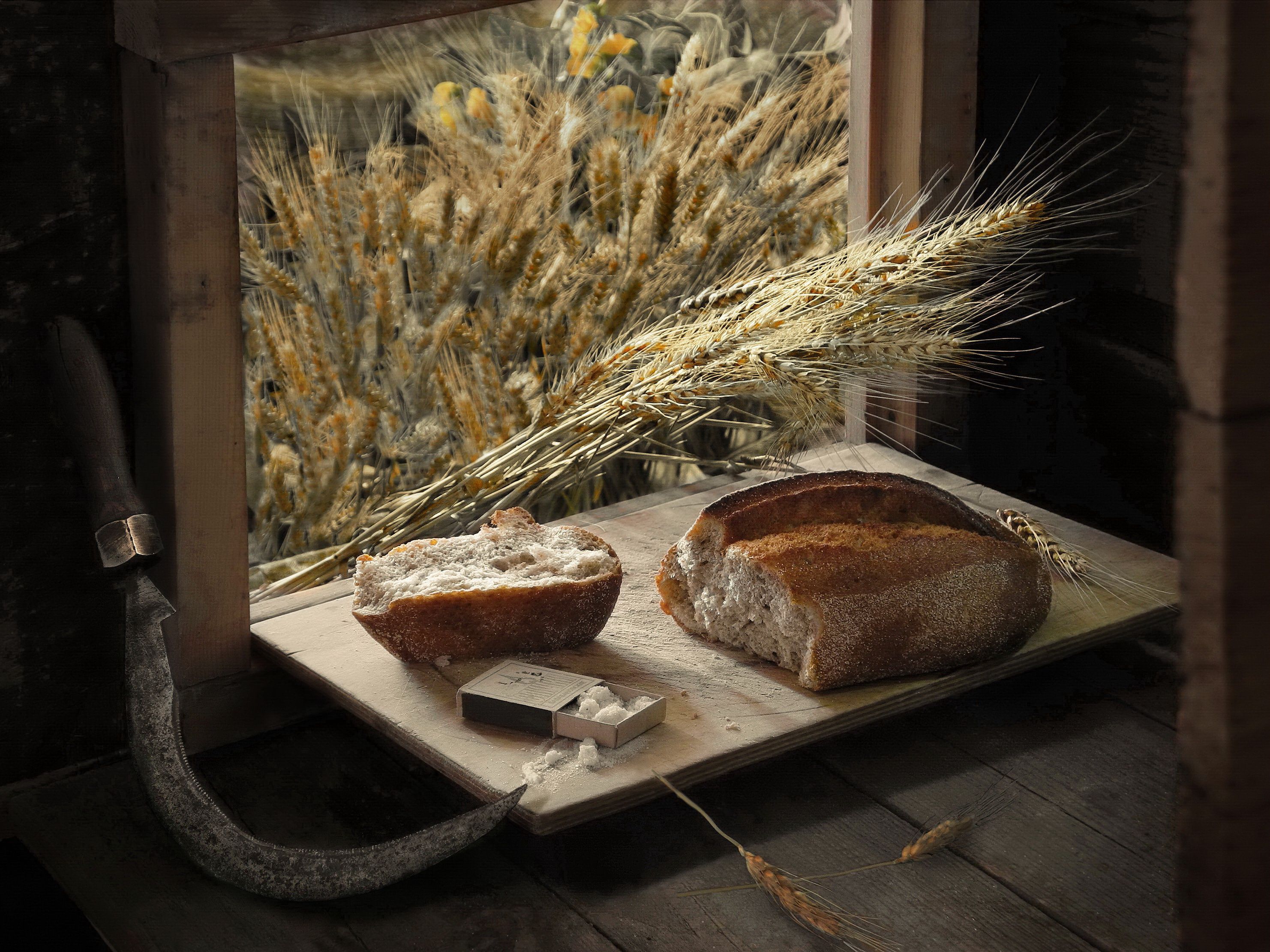 хлеб серп поле колосья сноп мука зерно окно урожай, Сергей Фунтовой